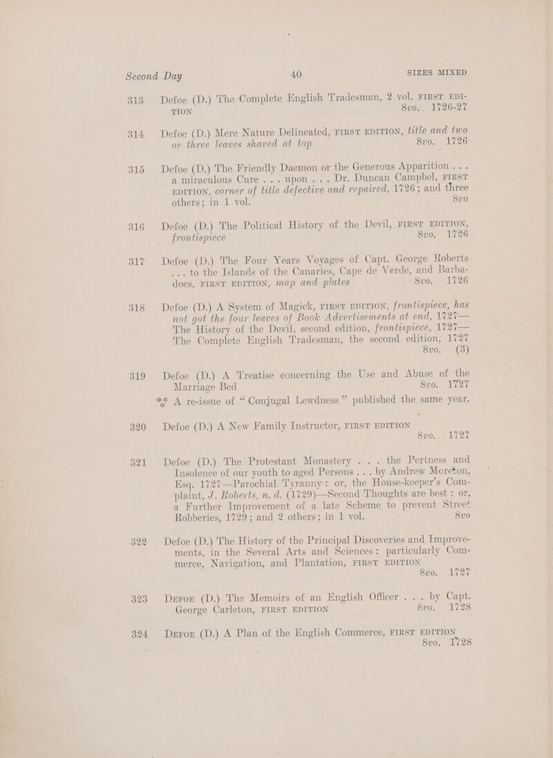 313. Defoe (D.) The Complete English Tradesman, 2 vol. FIRST EDI- TION 8v0.. 1726-27 314 Defoe (D.) Mere Nature Delineated, FIRST EDITION, title and two or three leaves shaved at top 8vo. 1726 315 Defoe (D.) The Friendly Daemon or the Generous Apparition .. a miraculous Cure... upon... Dr. Duncan Campbel, FIRST EDITION, corner of title defective and repaired, 1726; and three others; in } vol. 8v0 816 Defoe (D.) The Political History of the Devil, FIRST EDITION, frontisprece 8vo. 1726 31% Defoe (D.) The Four. Years Voyages of Capt. George Roberts _.. to the Islands of the Canaries, Cape de Verde, and Barba- does, FIRST EDITION, map and plates 8vo. 1726 318 Defoe (D.) A System of Magick, FrRsT EDITION, frontispiece, has not got the four leaves of Book Advertisements at end, 1727— The History of the Devil, second edition, frontispiece, 1727— The Complete English Tradesman, the second edition, 172% 8vo. (3) 319 Defoe (D.) A Treatise concerning the Use and Abuse of the Marriage Bed 8v0. 1727 * A re-issue of “ Conjugal Lewdness” published the same year. 320 Detoe (D.) A New Family Instructor, FIRST EDITION 8vo. L727 321 Defoe (D.) The Protestant Monastery . .. the Pertness and Insolence of our youth to aged Persons... by Andrew Moreton, Esq. 1727—Parochial Tyranny: or, the House-keeper’s Com- plaint, J. Roberts, n. d. (1729)—Second Thoughts are best : or, a Further Improvement of a late Scheme to prevent Street Robberies, 1729; and 2 others; in 1 vol. Svo 322 Defoe (D.) The History of the Principal Discoveries and Improve- ments, in the Several Arts and Sciences: particularly Com- merce, Navigation, and Plantation, FIRST EDITION 8v0o. 1727 323 Deron (D.) The Memoirs of an English Officer . . . by Capt. George Carleton, FIRST EDITION 8vo. 1728 324 Deror (D.) A Plan of the English Commerce, FIRST EDITION 8vo. 1728