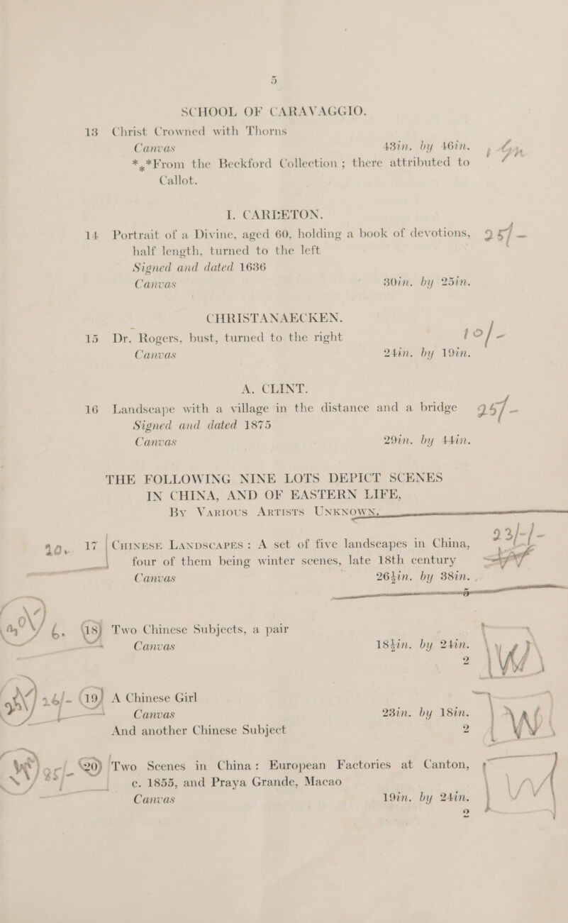 cE 13 14 16 Christ Crowned with Thorns . : dt A! *.*From the Beckford Collection ; there attributed to “4 I. CARLETON. Portrait of a Divine, aged 60, holding a book of devotions, 9 rf cl half length, turned to the left | Signed and dated 1636 CHRISTANAECKEN. Dr. Rogers, bust, turned to the right [oO / - A. CLINT. Landscape with a village in the distance and a bridge 25/- Signed and dated 1875 IN CHINA, AND OF EASTERN LIFE, By Various Artists UNKNOWN,  CHINESE Lanpscapes: A set of five landscapes in China, 2 3/-/- four of them being winter scenes, late 18th century af Two Chinese Subjects, a pair | 2 VAC. j Ww! ec. 1855, and Praya Grande, Macao Canvas 19in. by 24in. |} Y 2 *