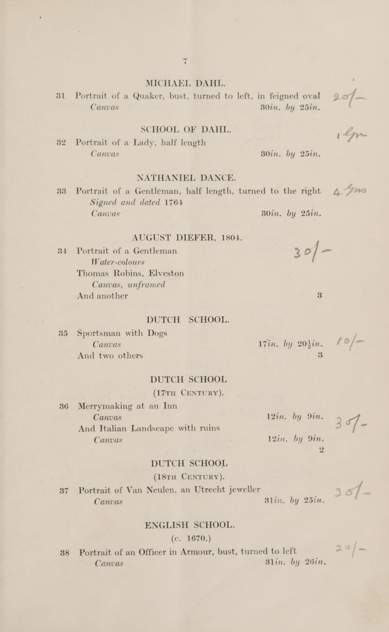 31 32 33 34 35 36 37 38 ~I MICHAEL DAHL. Portrait of a Quaker, bust, turned to left, in feigned oval Canvas 30in. by 25in. SCHOOL OF DAHL. Portrait of a Lady, half length Canvas 307n. by 25in. NATHANIEL DANCE. Portrait of a Gentleman, half length, turned to the right Signed and dated 1764 Canvas 30in. by 25in. AUGUST DIEFER, 1804. Portrait of a Gentleman 30 / ~ W ater-colours Thomas Robins, Elveston Canvas, unframed And another 3 DUTCH SCHOOL. Sportsman with Dogs Canvas 17in. by 204in. And two others o HS DUTCH SCHOOL (17TH CENTURY). Merrymaking at an Inn Canvas 12in. by Qn. And Italian Landscape with ruins Canvas 12in. by Qan. 2 DUTCH SCHOOL (18rH CENTURY). Portrait of Van Neulen, an Utrecht jeweller Canvas 3lin. by 25rn-. ENGLISH SCHOOL. (c. 1670.) Portrait of an Officer in Armour, bust, turned to left Canvas Blin. by 26in. I. fo/je~ Wo \