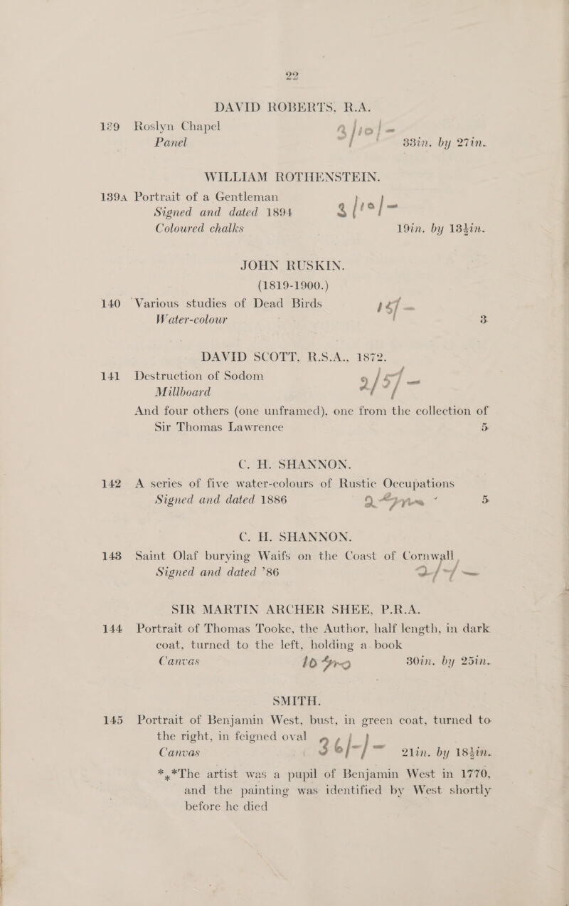 DAVID ROBERTS, R.A. Panel % / ' 33in. by 27in. WILLIAM ROTHENSTEIN. 1394 Portrait of a Gentleman Pec | Signed and dated 1894 at’ 17 Coloured chalks 197n. by 134in. 140 141 142 143 144 JOHN RUSKIN. (1819-1900.) Various studies of Dead Birds p27 = 2 W ater-colour ao: / 3 DAVID SCOTT, R.S.A., 1872. Destruction of Sodom © / af ; : A 4 f wat Millboard / And four others (one unframed), one from the collection of Sir Thomas Lawrence 5 C. H. SHANNON. A series of five water-colours of Rustic Occupations Signed and dated 1886 ay 27, we” 5 C. H. SHANNON. Saint Olaf burying Waifs on the Coast of Cornwall , Signed and dated °86 af ~| — SIR MARTIN ARCHER SHEE, P.R.A. Portrait of Thomas Tooke, the Author, half length, in dark coat, turned to the left, holding a. book Canvas lo Fro 30in. by 25in. SMITH. Portrait of Benjamin West, bust, in green coat, turned to the right, in feigned oval Canvas | 3 6/-/ ™ 2lin. by 184in. +7 The artist was a pupil of Benjamin West in 1770, and the painting was identified by West shortly before he died