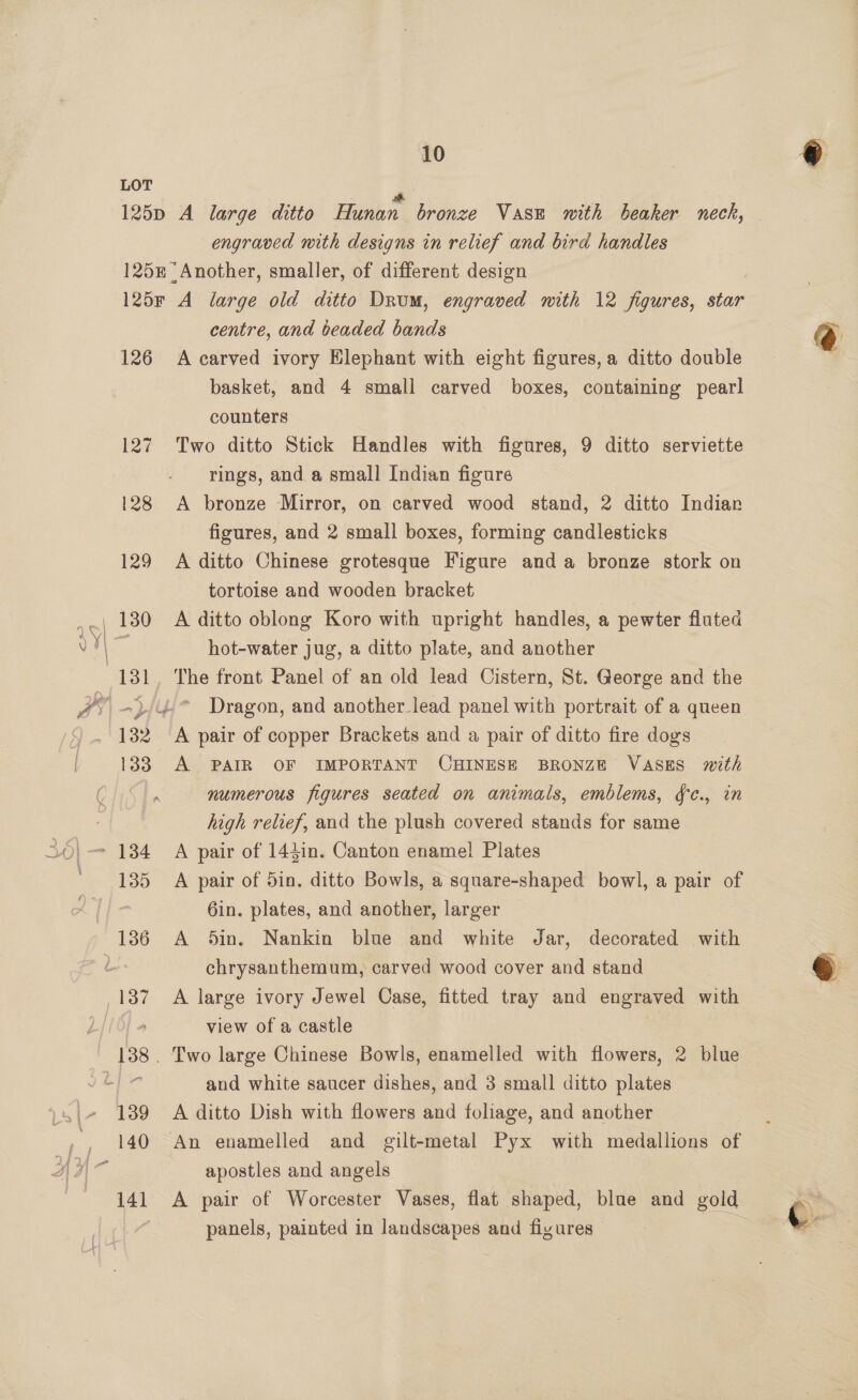 LOT F 125p A large ditto Hunan bronze Vase with beaker neck, engraved mith designs in relief and bird handles 125 Another, smaller, of different design 125 A large old ditto Drum, engraved with 12 figures, star centre, and beaded bands 126 A carved ivory Elephant with eight figures, a ditto double basket, and 4 small carved boxes, containing pearl counters 127 Two ditto Stick Handles with figures, 9 ditto serviette rings, and a small Indian figure 128 A bronze Mirror, on carved wood stand, 2 ditto Indiar figures, and 2 small boxes, forming candlesticks 129 <A ditto Chinese grotesque Figure anda bronze stork on tortoise and wooden bracket hot-water jug, a ditto plate, and another ~)/4.° Dragon, and another_lead panel with portrait of a queen 132 A pair of copper Brackets and a pair of ditto fire dogs 133 A PAIR OF IMPORTANT CHINESE BRONZE VASES mith numerous figures seated on animals, emblems, fc., in high relief, and the plush covered stands for same Gin. plates, and another, larger chrysanthemum, carved wood cover and stand view of a castle 140 An enamelled and gilt-metal Pyx with medallions of apostles and angels panels, painted in landscapes and figures