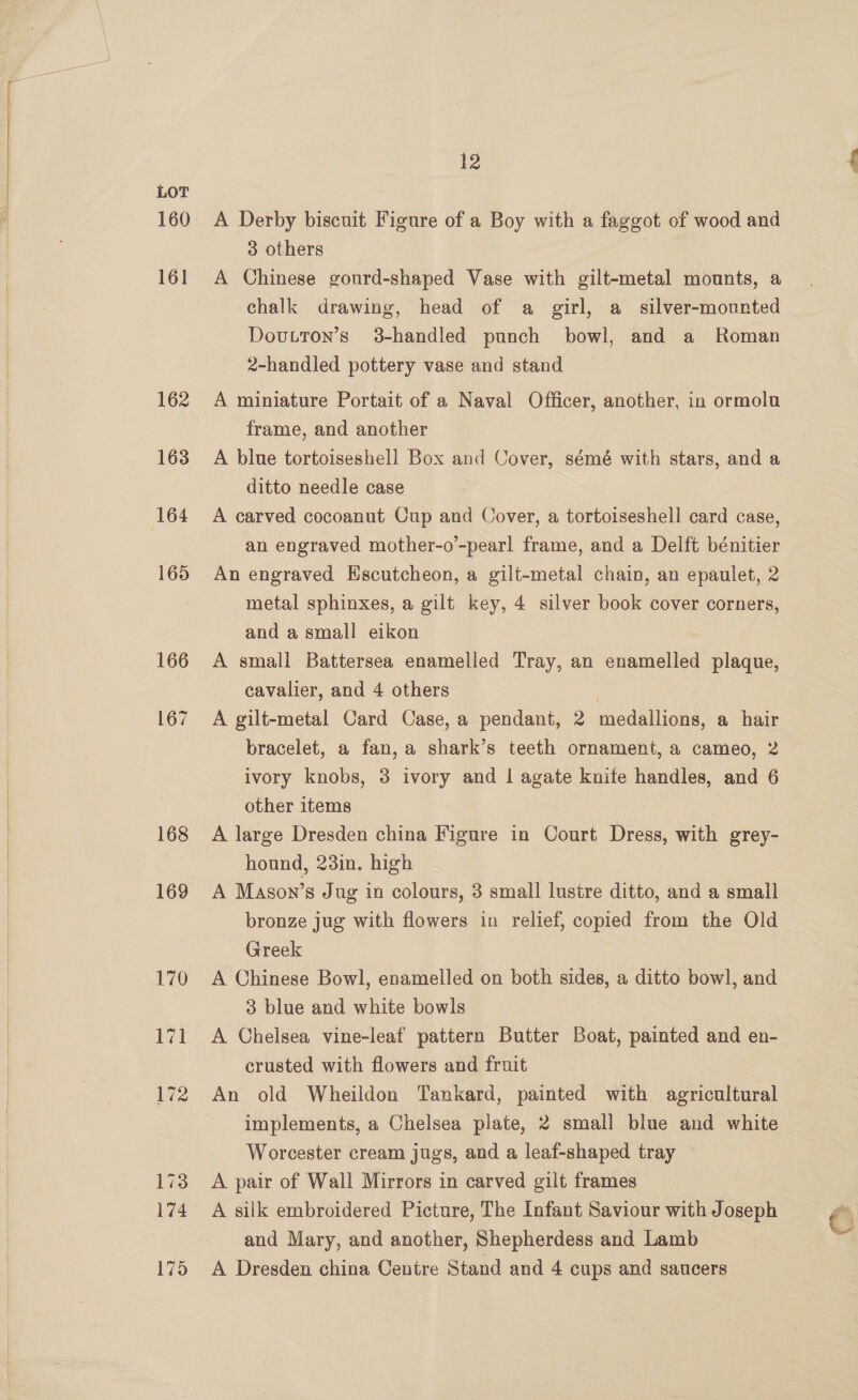160 161 162 163 165 166 167 168 12 A Derby biscuit Figure of a Boy with a faggot of wood and 3 others A Chinese gourd-shaped Vase with gilt-metal mounts, a chalk drawing, head of a girl, a silver-mourted Dovtton’s 3-handled punch bowl, and a Roman 2-handled pottery vase and stand A miniature Portait of a Naval Officer, another, in ormolu frame, and another A blue tortoiseshell Box and Cover, sémé with stars, and a ditto needle case A carved cocoanut Cup and Cover, a tortoiseshell card case, an engraved mother-o’-pearl frame, and a Delft bénitier An engraved Escutcheon, a gilt-metal chain, an epaulet, 2 metal sphinxes, a gilt key, 4 silver book cover corners, and a small eikon A small Battersea enamelled Tray, an enamelled plaque, cavalier, and 4 others | A gilt-metal Card Case, a pendant, 2 medallions, a hair bracelet, a fan, a shark’s teeth ornament, a cameo, 2 ivory knobs, 3 ivory and | agate knife handles, and 6 other items A large Dresden china Figure in Court Dress, with grey- hound, 23in. high — A Mason’s J ug in colours, 3 small lustre ditto, and a small bronze jug with flowers in relief, copied from the Old Greek A Chinese Bowl, enamelled on both sides, a ditto bowl, and 3 blue and white bowls A Chelsea vine-leaf pattern Butter Boat, painted and en- crusted with flowers and fruit An old Wheildon Tankard, painted with agricultural implements, a Chelsea plate, 2 small blue and white Worcester cream jugs, and a leaf-shaped tray A pair of Wall Mirrors in carved gilt frames A silk embroidered Picture, The Infant Saviour with Joseph and Mary, and another, Shepherdess and Lamb A Dresden china Centre Stand and 4 cups and saucers