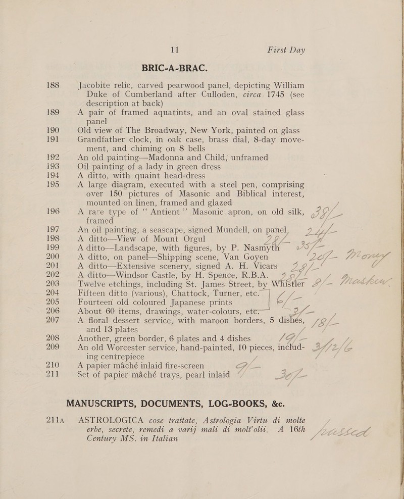 BRIC-A-BRAC. 188 Jacobite relic, carved pearwood panel, depicting William Duke of Cumberland after Culloden, circa 1745 (see description at back) 189 A pair of framed aquatints, and an oval stained glass panel 190 Old view of The Broadway, New York, painted on glass 191 Grandfather clock, in oak case, brass dial, 8-day move- ment, and chiming on 8 bells 192 An old painting—Madonna and Child, aiieainidd 193 Oil painting of a lady in green dress 194 A ditto, with quaint head-dress 195 A large diagram, executed with a steel pen, comprising over 150 pictures of Masonic and Biblical interest, mounted on linen, framed and glazed  196 A rare type of ‘ Antient ” Masonic apron, on old silk, ,79/_ framed uP as 197 An oil painting, a seascape, signed Mundell, on pee aes 198 A ditto—View of Mount Orgul PL /_ ‘ Wh 199 A Hg ae with figures, by P. Nasmyth cee ae oe F 200 Shipping scene, Van Goyen ‘Df —. FO ONT 201 A ditto. sigmed ‘An “Ha Wiears (Pg 76 “Y  oo 202 Aditte=—Windser-Castley byoH. Spence, RBA. Bas 1 «2 Y go 7 203 Twelve etchings, including St. James Street, by Wher Bf OE eae 204 Fitteen ditto, (variows)|, Chattock,Murten eros, | oy 7 2 205 Fourteen old coloured Japanese prints 4 e/ 206 About 60 items, drawings, water-colours, etc : 2 om ; 207 A floral dessert service, with maroon borders, 9 dishes, Vi and 13 plates ey ae 208 Another, green border, 6 plates and 4 dishes SG) — ie 209 An old Worcester service, hand-painted, 10 pieces: i ae A / 2 ing centrepiece ; / 210 A papier maché inlaid fire-screen G/_— “Fe oat Set of papier maché trays, pearl inlaid “ ga MANUSCRIPTS, DOCUMENTS, LOG-BOOKS, &amp;c. Zila. ASTROLOGICA cose traitate, Astrologia Virtu di molte erbe, secrete, remedt a varity malt di molt’olu, A 16th Century MS. in Italian Ss ‘o 4  