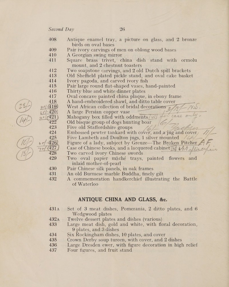 408 409 410 All 412 413 414 415 416 417 Ga) 4-0] 419 ie 430)  431A 4324 433 434 435 436 437 Antique enamel tray, a picture on glass, and 2 bronze birds on oval bases Pair ivory carvings of men on oblong wood bases A Georgian swing mirror Square brass trivet, china dish stand with ormolu mount, and 2 chestnut toasters Two soapstone carvings, and 2 old Dutch spill brackets Old Sheffield plated pickle stand, and oval cake basket Ivory pagoda, and carved ivory fish Pair large round flat-shaped vases, hand-painted Thirty blue and white dinner plates | Oval concave painted china plaque, in ebony frame A hand-embroidered shawl, and ditto table cover A large Persian copper vase Mahogany box filled with oddments /w/ : Old bisque group of dogs hunting boar We = : Five old Staffordshire groups le Ee 7 Embossed pewter tankard with cover, ‘and a jug A cover Five Lambeth and Doulton jugs, I silver mounted / J * 4 ee Case of Chinese books, and a lacquered cabinet )W) é 4A Two carved ivory Chinese swords Two oval papier m&amp;aché trays, painted flowers sna inlaid mother-of-pearl Pair Chinese silk panels, in oak frames An old Burmese marble Buddha, finely gilt A commemoration handkerchief illustrating the Battle of Waterloo ANTIQUE CHINA AND GLASS, &amp;c. Set of 3 meat dishes, Pomerania, 2 ditto plates, and 6 Wedgwood plates Twelve dessert plates and dishes (various) Large meat dish, gold and white, with floral decoration, 9 plates, and 3 dishes Six Rockingham dishes, 10 plates, and cover Crown Derby soup tureen, with cover, and 2 dishes Large Dresden ewer, with figure decoration in high relief Four figures, and fruit stand