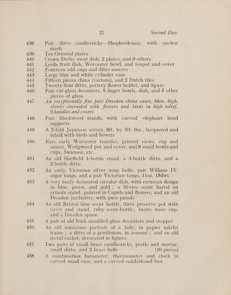 457 458 ay Second Day Pair ditto candlesticks—Shepherdesses, with anchor mark Ten Oriental plates Crown Derby meat dish, 2 plates, and 9 others Leeds fruit dish, Worcester bowl, and teapot and cover Fourteen odd cups and ditto saucers Large blue and white cylinder vase Fifteen pieces china (various), and 2 Dutch tiles Twenty-four ditto, pottery flower holder, and figure Pair cut-glass decanters, 5 finger bowls, dish, and 5 other pieces of glass An exceptionally fine pair Dresden china vases, 34in. high, closely encrusted with flowers and birds in high relief, 2 handles and covers Pair blackwood stands, with carved elephant head supports A 2-fold Japanese screen, 6ft. by 5ft. 6in., lacquered and inlaid with birds and flowers Rare early Worcester transfer, printed views, cup and saucer, Wedgwood pot and cover, and 8 small bowls and cups, Swansea, etc. An old Sheffield 4-bottle stand, a 3-bottle ditto, and a 2-bottle ditto An early Victorian silver soup ladle, pair William IV. sugar tongs, and a pair Victorian tongs, lloz. 15dwt. A very finely decorated circular dish, with etruscan design in blue, green, and gold; a Sévres scent barrel on ormolu stand, painted in Cupids and flowers, and an old Dresden jardiniére, with puce panels An old Bristol blue scent bottle, ditto preserve pot with cover and stand, ruby scent-bottle, lustre ware cup, and a Dresden spoon A pair of old Irish moulded glass decanters and stopper An old miniature portrait of a lady, in papier maché frame ; a ditto of a gentleman, in armour ; and an old metal casket, decorated in figures 7 Two pairs of small brass candlesticks, pestle and mortar, small ditto, and 2 brass bells (10 pieces) A combination barometer, thermometer and clock in carved wood case, and a carved sandalwood box
