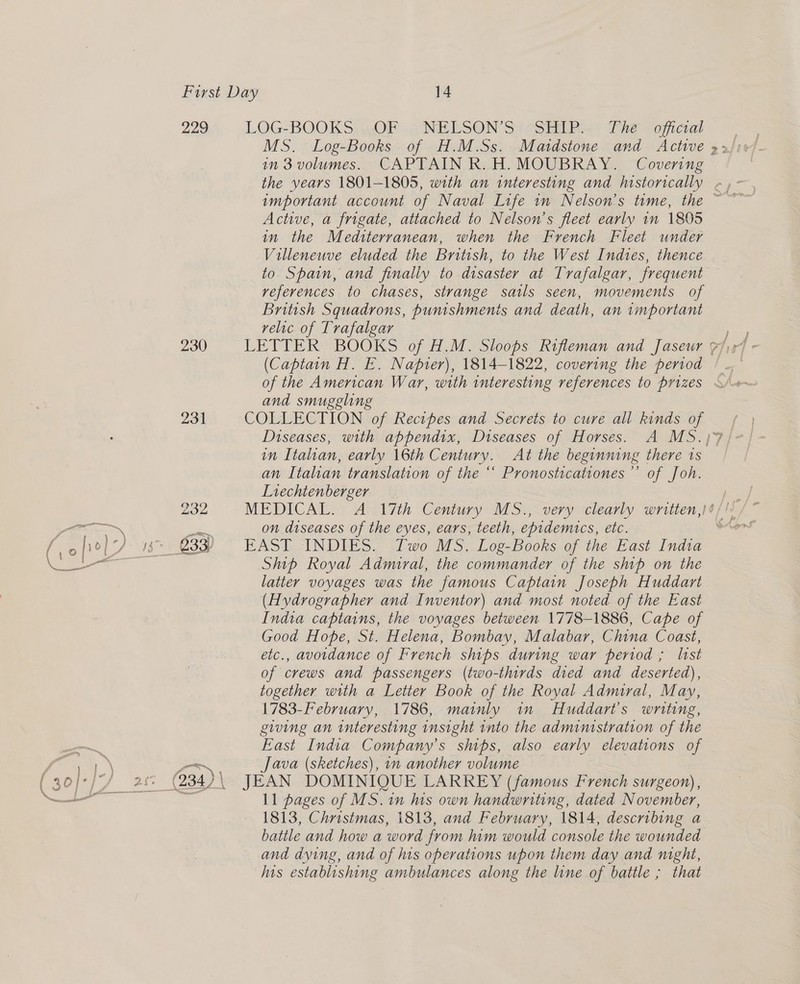 229 230 231 i A aT, LOG-BOOKS,.0OF ., NELSON'S :-SHiP.4* The oficial in 3 volumes. CAPTAIN R.H. MOUBRAY. Covering Active, a frigate, attached to Nelson's fleet early in 1895 in the Mediterranean, when the French Fleet under Villeneuve eluded the British, to the West Indtes, thence to Spain, and finally to disaster at Trafalgar, frequent references to chases, strange satls seen, movements of British Squadrons, punishments and death, an important velic of Trafalgar LETTER BOOKS of H.M. Sloops Rifleman and Jaseur (Captain H. E. Napter), 1814-1822, covering the period and smuggling COLLECTION of Recipes and Secrets to cure all kinds of in Italian, early 16th Century. At the beginning there 1s an Italian translation of the “* Pronosticationes’’ of Joh. Liechtenberger on diseases of the eyes, ears, teeth, epidemics, etc. EAST INDIES. Two MS. Log-Books of the East India Ship Royal Admiral, the commander of the ship on the latter voyages was the famous Captain Joseph Huddart (Hydrographer and Inventor) and most noted of the East India captains, the voyages between 1778-1886, Cape of Good Hope, St. Helena, Bombay, Malabar, China Coast, etc., avoidance of French ships during war period ; lst of crews and passengers (two-thirds died and deserted), together with a Letter Book of the Royal Admral, May, 1783-February, 1786, mainly in Huddart’s writing, giving an interesting insight into the administration of the East India Company’s ships, also early elevations of Java (sketches), in another volume JEAN DOMINIQUE LARREY (famous French surgeon), 1813, Christmas, 1813, and February, 1814, describing a battle and how a word from him would console the wounded and dying, and of his operations upon them day and night, ius establishing ambulances along the line of battle ; that “~\)