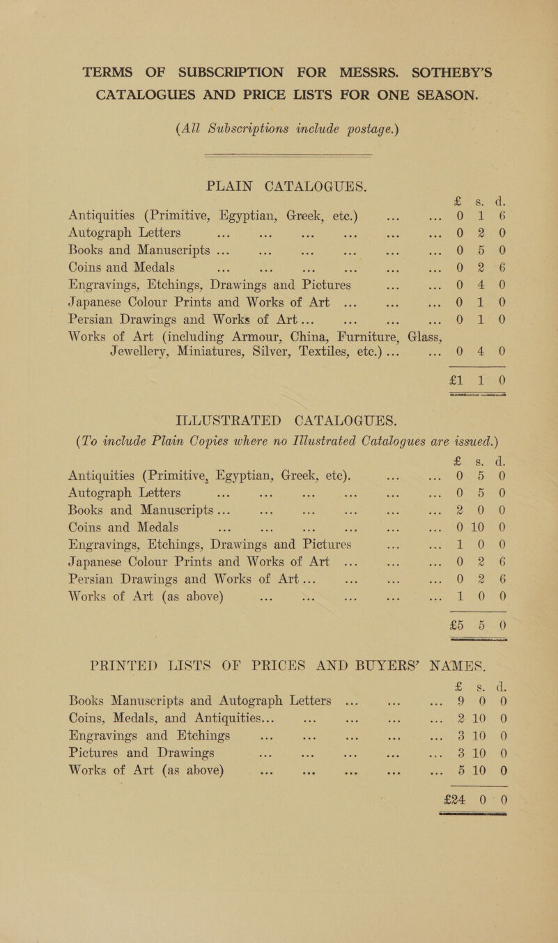 TERMS OF SUBSCRIPTION FOR MESSRS. SOTHEBY’S CATALOGUES AND PRICE LISTS FOR ONE SEASON. (All Subscriptions include postage.)   PLAIN CATALOGUES. Antiquities (Primitive, es Greek, etc.) Autograph Letters Ge Books and Manuscripts ... Coins and Medals Engravings, Etchings, Drawer tat Piotanes Japanese Colour Prints and Works of Art Persian Drawings and Works of Art.. Works of Art (including Armour, Chien, emer ines Jewellery, Miniatures, Silver, Textiles, ete;) .: , SS GS SS tte et eel HS OD Or BO HE # SOO a CoO of © Hs =)  ILLUSTRATED CATALOGUES. (To include Plain Copres where no Illustrated Catalogues are issued.) Antiquities (Primitive, De ee Greek, etc). Autograph Letters nee a an Books and Manuscripts ... Coins and Medals : Engravings, Etchings, Dunes a Pius Japanese Colour Prints and Works of Art Persian Drawings and Works of Art... Works of Art (as above) Scour ik &gt; ee ee) ODE &gt; ear te — oO Sona oo oo co SF th Or Or &gt;  PRINTED LISTS OF PRICES AND BUYERS’ NAMES. oe Books Manuscripts and Autograph Letters is sang he ae a Coins, Medals, and Antiquities... ae ve ore aah, mee Engravings and Htchings 3.10. 9 Pictures and Drawings ego 1 em Works of Art (as above) Sel. G  