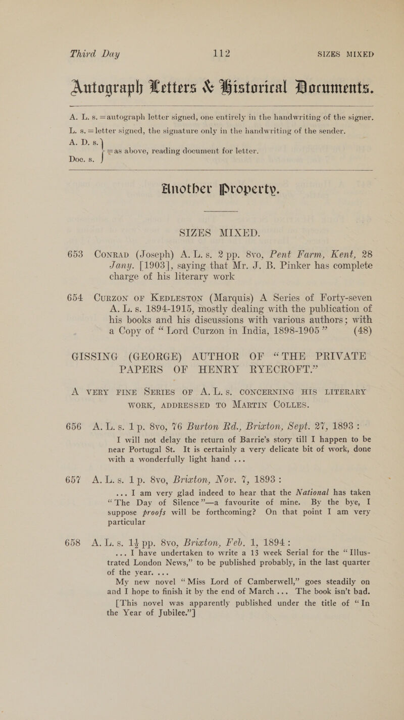 Autograph Letters &amp; Bistorical Documents.  A. L. s. =autograph letter signed, one entirely in the handwriting of the signer. L. s.=letter signed, the signature only in the handwriting of the sender. A. D. ¢. =as above, reading document for letter. Doe. s. jz   Elnotber Property. SIZES MIXED. 653 Conrad (Joseph) A. L.s. 2 pp. 8vo, Pent Farm, Kent, 28 Jany. [1903], saying that Mr. J. B. Pinker has oa charge of his literary work 654 Curzon oF KEDLESTON (Marquis) A Series of Forty-seven A. lL. s. 1894-1915, mostly dealing with the publication of his books and his discussions with various authors; with a Copy of “ Lord Curzon in India, 1898-1905 ” (48) GISSING (GEORGE) AUTHOR OF “THE PRIVATE PAPERS OF “HENRY RYECROML A VERY FINE SERIES OF A. L.s. CONCERNING HIS LITERARY WORK, ADDRESSED TO MartTiINn COLLES. 656 A.L.s. 1p. 8vo, 76 Burton Rd., Brixton, Sept. 27, 18938: I will not delay the return of Barrie’s story till I happen to be near Portugal St. It is certainly a very delicate bit of work, done with a wonderfully light hand... 657 A. Lies) 1 p Sve, Brizton, Nov. 7, 1893 : . I am very glad indeed to hear that the National has taken “The Day of Silence”—a favourite of mine. By the bye, I suppose proofs will be forthcoming? On that point I am very particular 658 A.L.s. 14 pp. 8vo, Briton, Feb. 1, 1894: .. | have undertaken to write a 13 week Serial for the “ Illus- trated London News,” to be published probably, in the last quarter of the year. ... My new novel ‘“ Miss Lord of Camberwell,” goes steadily on and I hope to finish it by the end of March... The book isn’t bad. [This novel was apparently published under the title of “In the Year of Jubilee.’ ]