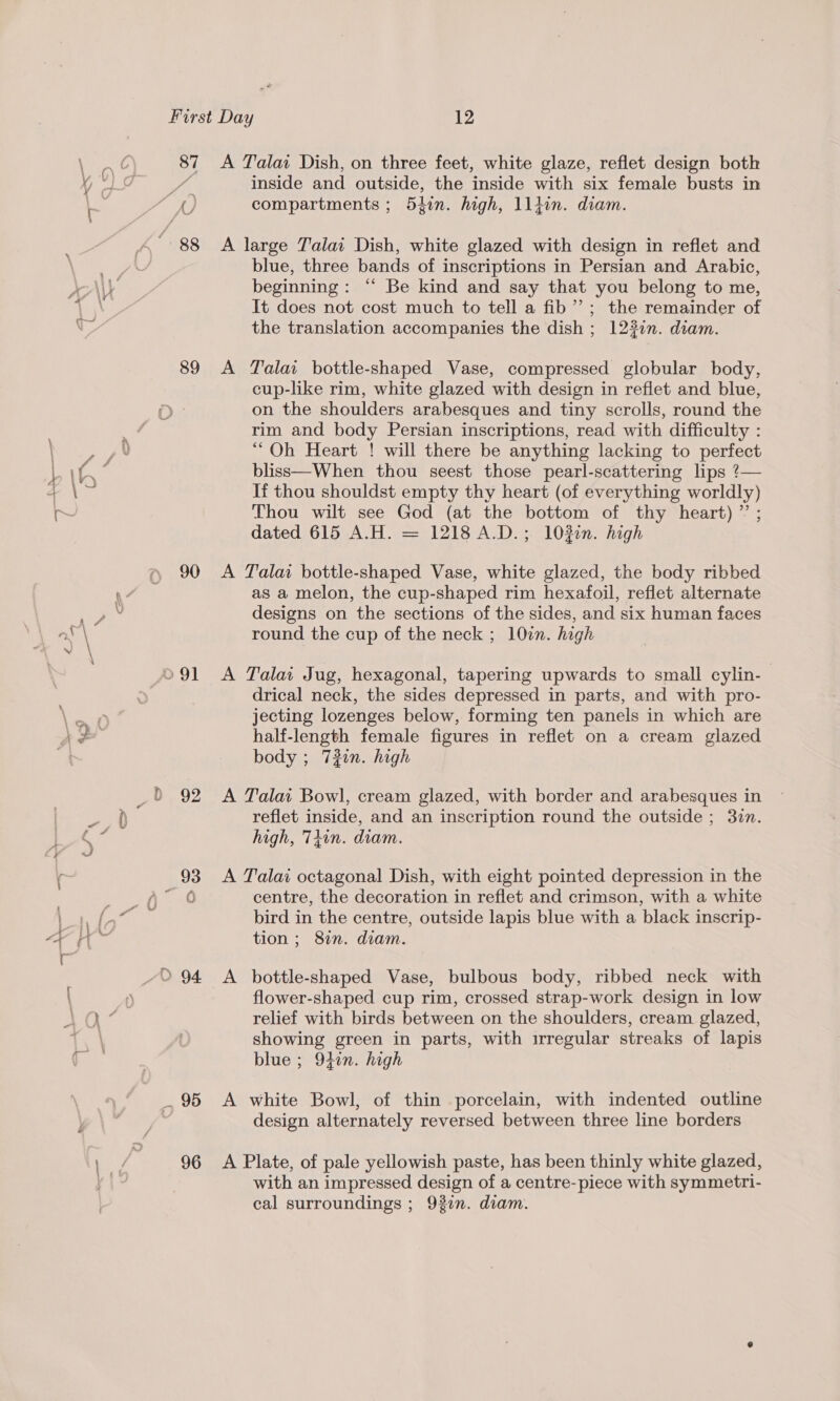 r } A _/ 88 89 4 \ J 90 ‘ U , 7 vm \ na 91 | 2 \ _d 92 gna ' f J a ‘ q 93 r f . 4 0 | as - : . 95 oy 96 inside sits outside, the shanties with six female busts in compartments ; 54in. high, lliin. diam. blue, three bands of inscriptions in Persian and Arabic, beginning: “ Be kind and say that you belong to me, It does not cost much to tell a fib’”’; the remainder of the translation accompanies the dish ; 1232. diam. Talat bottle-shaped Vase, compressed globular body, cup-like rim, white glazed with design in reflet and blue, on the shoulders arabesques and tiny scrolls, round the rim and body Persian inscriptions, read with difficulty : “Oh Heart ! will there be anything lacking to perfect bliss—When thou seest those pearl-scattering lips ?— If thou shouldst empty thy heart (of everything worldly) Thou wilt see God (at the bottom of thy heart) ” ; dated 615 A.H. = 1218 A.D.; 1030n. high as a melon, the cup-shaped rim hexafoil, reflet alternate designs on the sections of the sides, and six human faces round the cup of the neck ; 10in. high drical neck, the sides depressed in parts, and with pro- jecting lozenges below, forming ten panels in which are half- Homan female figures in reflet on a cream glazed body ; 72in. high reflet inside, and an inscription round the outside ; 3in. high, Tien. diam. centre, the decoration in reflet and crimson, with a white bird in the centre, outside lapis blue with a black inscrip- tion ; 8in. diam. flower-shaped cup rim, crossed strap-work design in low relief with birds between on the shoulders, cream glazed, showing green in parts, with irregular streaks of lapis blue ; 94in. high design alternately reversed between three line borders with an impressed design of a centre-piece with symmetri- cal surroundings ; 932n. diam.