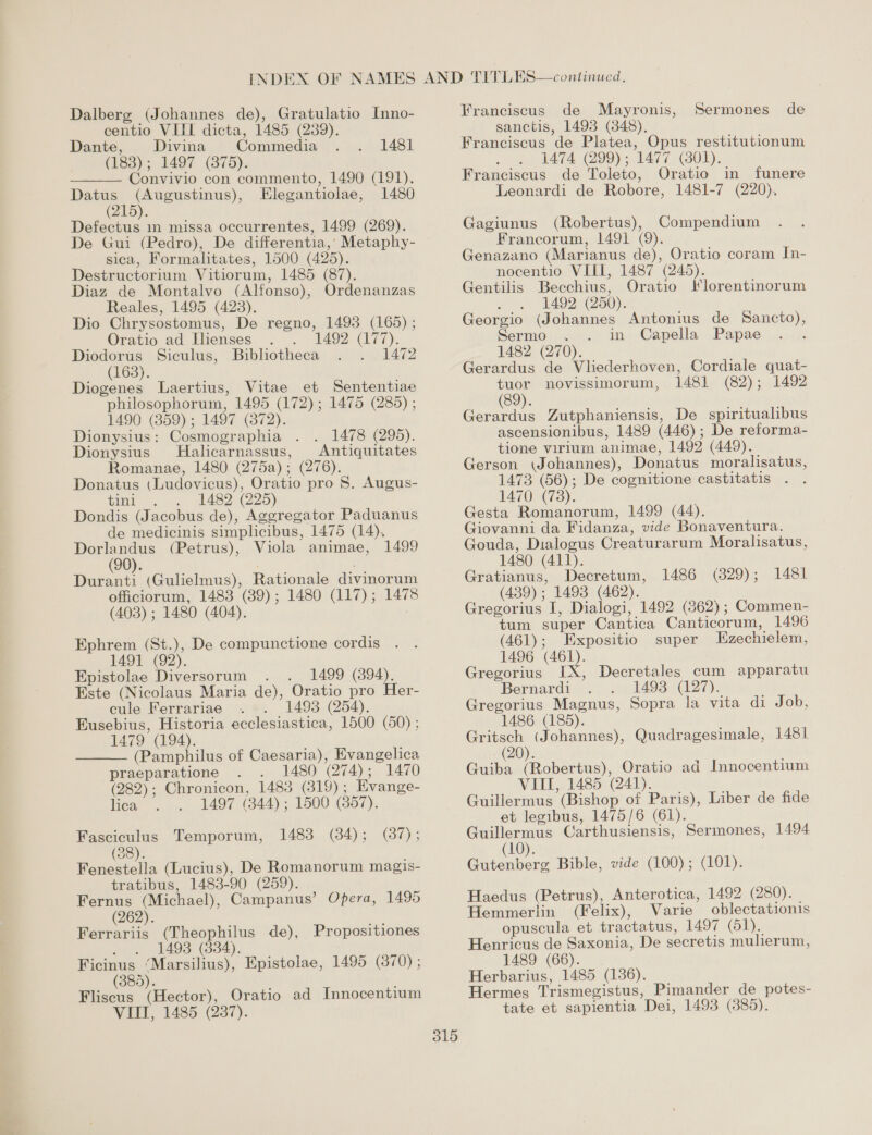 Dalberg (Johannes de), Gratulatio Inno- centio VIII dicta, 1485 (239). Dante, Divina Commedia 1481 (183); 1497 (875). Convivio con commento, 1490 (191). aon eee Elegantiolae, 1480  Defectus in missa occurrentes, 1499 (269). De Gui (Pedro), De differentia,; Metaphy- sica, Formalitates, 1500 (425). Destructorium Vitiorum, 1485 (87). Diaz de Montalvo (Alfonso), Ordenanzas Reales, 1495 (428). Dio Chrysostomus, De regno, 1493 (165) ; Oratio ad [lienses 1492 (177). Diodorus Siculus, Biblhotheca . . 1472 (163). Diogenes Laertius, Vitae et Sententiae philosophorum, 1495 (172); 1475 (285) ; 1490 (859) ; 1497 (872). Dionysius: Cosmographia 1478 (295). Dionysius MHalicarnassus, _Antiquitates Romanae, 1480 (275a); (276). Donatus (Ludovicus), Oratio pro 8. Augus- tini 1482 (225) Dondis (Jacobus de), Aggregator Paduanus de medicinis simplicibus, 1475 (14). Dorlandus (Petrus), Viola animae, 1499 Duranti (Gulielmus), Rationale divinorum officiorum, 1483 (89); 1480 (117); 1478 (403) ; 1480 (404). Ephrem (St.), De compunctione cordis 1491 (92). Epistolae Diversorum 1499 (394). Este (Nicolaus Maria de), Oratio pro Her- cule Ferrariae 1493 (254). Eusebius, Historia ecclesiastica, 1500 (50) ; 1479 (194). (Pamphilus of Caesaria), Evangelica praeparatione . . 1480 (274); 1470 (282); Chronicon, 1483 (319); Evange- lica 1497 (344) ; 1500 (357). 1483 (34) ;  Fasciculus Temporum, (ar: (88). Fenestella (Lucius), De Romanorum magis- tratibus, 1483-90 (259). Fernus (Michael), Campanus’ Opera, 1495 (262). Ferrariis (Theophilus de), Propositiones . . 1498 (334). Ficinus ‘Marsilius), Epistolae, 1495 (370) ; (385). Fliscus (Hector), Oratio ad Innocentium VIII, 1485 (237). Franciscus de Mayronis, Sermones de sanctis, 1493 (348). Franciscus de Platea, Opus restitutionum 1474 (299); 1477 (801). Franciscus de Toleto, Oratio in funere Leonardi de Robore, 1481-7 (220). Gagiunus (Robertus), Compendium Francorum, 1491 (9). Genazano (Marianus de), Oratio coram In- nocentio VIII, 1487 (245). Gentilis Becchius, Oratio lKlorentinorum 1492 (250). Georgio (Johannes Antonius de Sancto), Sermo . . in Capella Papae 1482 (270). Gerardus de Vliederhoven, Cordiale quat- tuor novissimorum, 1481 (82); 1492 Gerardus Zutphaniensis, De spiritualibus ascensionibus, 1489 (446); De reforma- tione virium animae, 1492 (449). Gerson (Johannes), Donatus moralisatus, 1473 (56); De cognitione castitatis . 1470 (73). Gesta Romanorum, 1499 (44). Giovanni da Fidanza, vide Bonaventura. Gouda, Dialogus Creaturarum Moralisatus, 1480 (411). Gratianus, Decretum, 1486 (829); 1481 (439) ; 1493 (462). Gregorius I, Dialogi, 1492 (862); Commen- tum super Cantica Canticorum, 1496 (461); Expositio super Ezechielem, 1496 (461). Gregorius IX, Decretales cum apparatu Bernardi 1493 (127). Gregorius Magnus, Sopra la vita di Job, 1486 (185). Gritsch (Johannes), Quadragesimale, 1481 0 Guiba (Robertus), Oratio ad Innocentium VIII, 1485 (241). Guillermus (Bishop of Paris), Liber de fide et legibus, 1475/6 (61). Guillermus Carthusiensis, Sermones, 1494 (10). Gutenberg Bible, vide (100); (101). Haedus (Petrus), Anterotica, 1492 (280). Hemmerlin (Felix), Varie oblectationis opuscula et tractatus, 1497 (51). Henricus de Saxonia, De secretis mulierum, 1489 (66). Herbarius, 1485 (136). Hermes Trismegistus, Pimander de potes-
