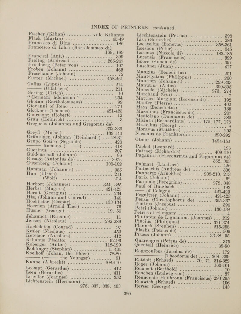       Pischer’ (Kalian)). eo. cud vide Kilianus Bisel (Martin): 2.00... en ee 45-49 Francesco di. Dino i.203..ao ae 186 Francesco di Libri (Bartolommeo di) 188, 189 i ramensen (AstG) i548 ho asigatnd so ouce ee 399 Mreitag (Andreas) ::.,.5......c008 265-267 Priedboro( Peter von) &lt;.:.5300.2.. 107 Probem (ob ami)s 205 i. cccshaecs cencitncen 462 Prosehauer (Jolanm)icc......942.54 72 Murcer -(Mnchael): —.x0...66, acti ocetn 458-461 Gallus: (ivupus) &gt;on ee eee 214 (Oidalercus): a0 0s,J.. wae see 211 Gering (Ulrich) tes, &lt;.. sete ee 10 ““Germanas fdelissinni °? oo...) see 204 Ghotan (Bartholomaeus) .. seaside. 99 Grovannr or Reno wie ee 201 Glockner: (Thomas) eiice08% +. bony 421-423 Goupmon: CRopert) ..::.csc.8 04 one 12 raw /(Eemrich) gcse went. 6 ee 3 ‘Gregoriis (Johannes and Gregorius de) 332-336 Gireyit (iichel) 05. veccr e 139-140 Griiningen (Johann [Reinhard]) .... 28-31 Grupo Gotico Gegundo) &lt;2: ..)..5.60).24. 420 . Romano ( Ste, os eee 418 Grirerimnus S275) See Ni ei eee 307 Guldenschaff (Johann) .............2.0.0.0. 86 Gusago (Amtontussde) J30. nce 397 a, Gutenbers (Joliann) .20....6.+00 ck 100-102 Hianiman (Jonanmes) ....2.......50600.00, 305 Elan. (Wirich)oo.5....4:. 5. in eee 211 CWVON ote a a ue ee 214 Herbort (Johannes) 2.06. 254o0essenc 324, 325 dverbst. (Magnus) iis 23 ee 421-423 iPerolt-(Georgius). .i.No. 7 hse 264 Hist (Johann and Conrad) ............... 148 Hochteder (Caspar), ::......6-.0cs..48 133-134 Efoernen (Arnold Ther)... .2.0.02--...05; 76 Husner (George), ass scucs. ck eee 19, 50 Jehannot (Mbienne) “...0..604 80a a 11 Jenson “(Naeolaus): 2.00.23... eee 282-289 Kachelofen (Conrad) ..1.i&lt;..02kk oe 97 Kesler (Nicolaus) » cits -ocsce cues eee: 4538 Ketelaer (Nicolaus). ss.::j..cis.sceesees 412 Kilanus “Piscator 0 sieves see be 92-96 Koberger (Anton). .......6¢5.052040 112-129 Koblinger (Stéplian).... fended. a 1, 405 Koelhoff (Johan, the Elder) .......... 78-80 the Younger) ....ce/..05, 91 Kunne (Albrecint) in ce 108-110 Leempt: (Gerrards): o.0s.0.3.cp0c: co eeee 412 Deeu (Gerardus) 5.4 1s ee 41] Leoviler (Joannes)..72-5, 32 ee 352 Lichtenstein (Hermann) .................. 275, 337, 338, 403 820  Liechtenstein (Petrus) s.%s00...o5...es 398 Lisa: (Gerardus\)..:.:..4022 Sat eee 280 Locatellus=(Bonetus)i,. 4008). 358-361 Leeslein CR eter) +oxcachscnes ees ee 345 Lorenzo «Niccolo di): 5). te. 183-185 Lucensis- (Hramciseus)) a, 4.30 eee, 399 Liuere (Simon}de)iai. eese.. -aeeee 397 Luschner (Juan)... ee A417 Mangius (Benedictus) ..................... 201 Mantegatius (Philippus) ................. 200 Manthen (Johannes) .................. 299-303 Manutias (Aldus) 205 ape 390-395 Manzolo (Michele) (.05...00.. 273, 274 Marchand’ (Guirn ne). ee Ae Mattheo Morgiani (Lorenzo G1) ee 192 Mauer (Pierre)i ye 00 So, Se ie 402 Mayr (Benedictug) ihn... fee 135 Mazalibus (Franciscus We) sn3 i eee 207 Mediolano (Damianus de) ................ 385 Misinta (Bernardinus) ......... T75, Tis Mittelhus (Georg): i532 ee 8 oravus (Matthias)......\-)) eee 203 Nicolaus de Franktfordia ............. 290-292 Otmar’ (Johann) toe ae 148a-151 Pachel Cieenard) 22) cial eee 196 Pafraet (Richardus). ....4..c040 4.0. 409-410 Paganinis (Hieronymus and Paganinus de) : 362, 363 Palmari «hambert) ..4:. eee 426 Paltasichis (Andreas de) .................. 06 Pannartz (Arnoldus) ............ 208-210, 213 Parig (Slain a ihn, Josten. ae 2 Pasquale (Peregrino) .................. 272, 348 Paul of Butzbach 20 ie ee 193 GF Cologne... see eh ee 421-423 Pegnitzer (Johann). 5 0), les ebee 421-423 Pensis (Christophorus de) ......... 365-367 entius (Jacobus) ysdcdashc ed oe 396 Petri (J onann) &gt;. vk, ale 136-138 Petrus of Hungary ¢cccsst i eee 4 Philippus de Lignamine (Joannes) .... 212 Pincivs ((Piilippus) ooo. 371-374 Plonnck (Stephen) ..7).&lt;.4..5 ee, 215-258 Plasiis (Petrus dey i. 25. eee 9 Eruess (Johan yon ee 33-38, 95 Quarengiis (Petrus de) ............c.00cc008 375 Quentell (Hemrich)icticee cate 88-90 Ragazonibus (Jacobus de) ................. 172 = = (Theodorunide) mea 368, 369 Ratdolt (Erhard) ............ 10,, ‘TL, 314-322 Reger 4 Johann).-.1.3) 4 steno ae ee 160-161 Rembolt (Berthold) 40 ok) ae . 10 Renchen (Ludwig von) ..............0.0..00-. 87 Renner de Heilbroun (Franciscus) 290-295 Reuwich.(irhard) &lt;i: 5.5., eee 106 Reyser (George): ......, 07 et ae 143