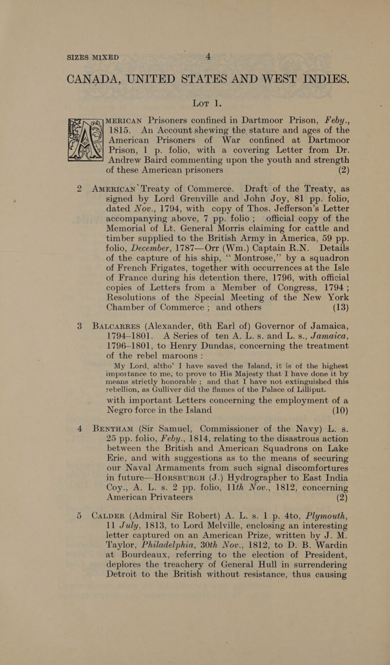 CANADA, UNITED STATES AND WEST INDIES. Lot 1. MERICAN Prisoners confined in Dartmoor Prison, Feby., 1815. An Account shewing the stature and ages of the American Prisoners of War confined at Dartmoor Prison, | p. folio, with a covering Letter from Dr. Andrew Baird commenting upon the youth and strength of these American prisoners (2)  2 AMERICAN Treaty of Commerce. Draft of the Treaty, as signed by Lord Grenville and John Joy, 81 pp. folio, dated Nov., 1794, with copy of Thos. Jefferson’s Letter accompanying above, 7 pp. folio; official copy of the Memorial of Lt. General Morris claiming for cattle and timber supplied to the British Army in America, 59 pp. folio, December, 1787—Orr (Wm.) Captain R.N. Details of the capture of his ship, “‘ Montrose,” by a squadron of French Frigates, together with occurrences at the Isle of France during his detention there, 1796, with official copies of Letters from a Member of Congress, 1794 ; Resolutions of the Special Meeting of the New York Chamber of Commerce ; and others (13) 3 BaLcaRRes (Alexander, 6th Earl of) Governor of Jamaica, 1794-1801. &lt;A Series of ten A. L.s. and L. s., Jamaica, 1796-1801, to Henry Dundas, concerning the treatment of the rebel maroons : My Lord, altho’ I have saved the Island, it is of the highest importance to me, to prove to His Majesty that I have done it by means strictly honorable ; and that I have not extinguished this rebellion, as Gulliver did the flames of the Palace of Lilliput. with important Letters concerning the employment of a Negro force in the Island (10) 4 BentTHam (Sir Samuel, Commissioner of the Navy) L. s. 25 pp. folio, Feby., 1814, relating to the disastrous action between the British and American Squadrons on Lake Krie, and with suggestions as to the means of securing our Naval Armaments from such signal discomfortures in future—HorsBureu (J.) Hydrographer to East India Coy., A. L. s. 2 pp. folio, 11th Nov., 1812, concerning American Privateers (2) 5 CALDER (Admiral Sir Robert) A. L. s. 1 p. 4to, Plymouth, 11 July, 1813, to Lord Melville, enclosing an interesting letter captured on an American Prize, written by J. M. Taylor, Philadelphia, 30th Nov., 1812, to D. B. Wardin at Bourdeaux, referring to the election of President, deplores the treachery of General Hull in surrendering Detroit to the British without resistance, thus causing