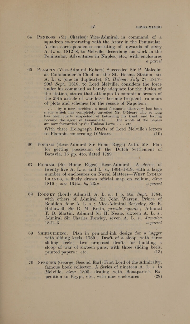 64 65 67 68 69 70 15 SIZES MIXED PENROSE (Sir Charles)’ Vice-Admiral, in command of a squadron co-operating with the Army in the Peninsular. A fine correspondence consisting of upwards of sixty A. L. s., 1812-8, to Melville, describing his work in the Peninsular, Adventures in Naples, etc., with enclosures a parcel PLAMPIN (Vice-Admiral Robert) Succeeded Sir P. Malcolm as Commander-in-Chief on the St. Helena Station, six A. L. s. (one in duplicate), St. Helena, July 27, 1817- 20th Sept., 1818, to Lord Melville, considers the force under his command as barely adequate for the duties of the station, states that attempts to commit a breach of the 29th article of war have become frequent, rumours of plots and schemes for the rescue of Napoleon : . by a mere accident a most fortunate discovery has been made which has completely unveiled Mr. O’Meare who so long has been justly suspected, of betraying his trust, and having become the agent of Buonaparte ... the whole of the papers are now forwarded by Sir Hudson Lowe . . . ete. With three Holograph Drafts of Lord Melville’s letters to Plampin concerning O’Meara (10) PopHam (Rear-Admiral Sir Home Riggs) Auto. MS. Plan for getting possession of the Dutch Settlement of Batavia, 15 pp. 4to, dated 1799 PopHaMmM (Sir Home Riggs) Rear-Admiral. A Series of twenty-five A. L. s. and L. s., 1804-1819, with a large number of enclosures on Naval Matters—West INDIAN ISLANDS, a finely drawn official map on vellum, circa 1819; seze 164in. by 230n. a parcel Ropney (Lord) Admiral, A. L. s., 1 p. 4to, Sept., 1784, with others of Admiral Sir John Warren, Prince of Bouillon, four A. L. s.; Vice-Admiral Berkeley, Sir B. Hallowell, Sir G. M. Keith, private signals ; Admiral T. B. Martin, Admiral Sir H. Neale, sixteen A. L. s., Admiral Sir Charles Rowley, seven A. L. s., Jamaica 1821-3 a parcel SHIPBUILDING. Plan in pen-and-ink design for a lugger with sliding keels, 1789; Draft of a sloop, with three sliding keels; two proposed drafts for building a sloop of war ‘of sixteen guns, with three sliding keels, printed papers ; etc. (13) SPENCER (George, Second Karl) First Lord of the Admiralty, famous book collector. A Series of nineteen A. L. s. to Melville, circa 1800, dealing with Bonaparte’s Ex- pedition to Egypt, etc., with nine enclosures (28)