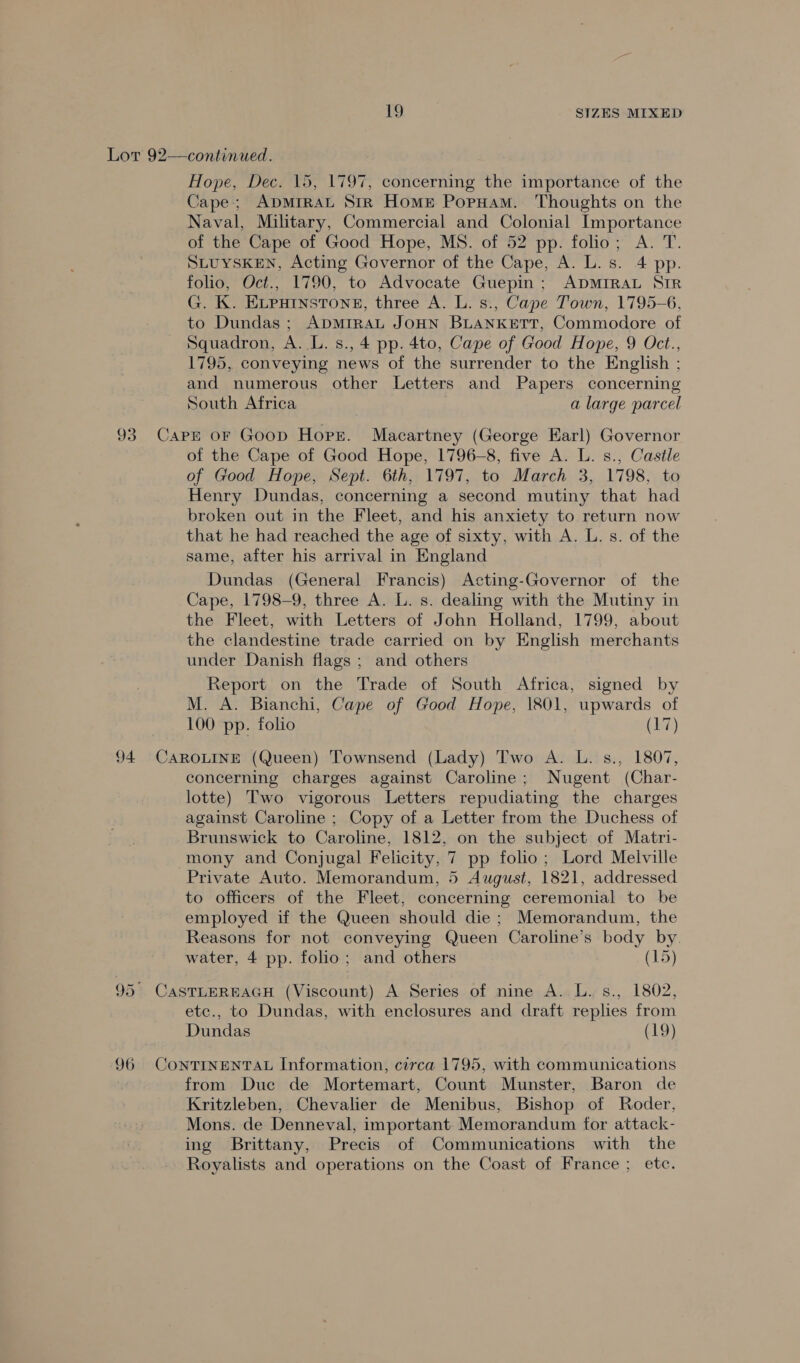 Lor 92—continued. Hope, Dec. 15, 1797, concerning the importance of the Cape; ApDMIRAL Sir Home Poruam. Thoughts on the Naval, Military, Commercial and Colonial Importance of the Cape of Good Hope, MS. of 52 pp. folio; A. T. SLUYSKEN, Acting Governor of the Cape, A. L. s. 4 pp. folio, Oct., 1790, to Advocate Guepin; ADMIRAL SIR G. K. ELpuinstongs, three A. L. s:, Cape Town, 1795-6, to Dundas; ApmrrRaL JOHN BLANKETT, Commodore of Squadron, A. L. s., 4 pp. 4to, Cape of Good Hope, 9 Oct., 1795, conveying news of the surrender to the English ; and numerous other Letters and Papers concerning South Africa a large parcel 93 Cape oF Goop Hope. Macartney (George Earl) Governor of the Cape of Good Hope, 1796-8, five A. L. s., Castle of Good Hope, Sept. 6th, 1797, to March 3, 1798, to Henry Dundas, concerning a second mutiny that had broken out in the Fleet, and his anxiety to return now that he had reached the age of sixty, with A. L. s. of the same, after his arrival in England Dundas (General Francis) Acting-Governor of the Cape, 1798-9, three A. L. s. dealing with the Mutiny in the Fleet, with Letters of John Holland, 1799, about the clandestine trade carried on by English merchants under Danish flags ; and others Report on the Trade of South Africa, signed by M. A. Bianchi, Cape of Good Hope, 1801, upwards of 100 pp. folio (17) 94 CAROLINE (Queen) Townsend (Lady) Two A. L. s., 1807, concerning charges against Caroline; Nugent (Char- lotte) Two vigorous Letters repudiating the charges against Caroline ; Copy of a Letter from the Duchess of Brunswick to Caroline, 1812, on the subject of Matri- mony and Conjugal Felicity, 7 pp folio; Lord Melville Private Auto. Memorandum, 5 August, 1821, addressed to officers of the Fleet, concerning ceremonial to be employed if the Queen should die; Memorandum, the Reasons for not conveying Queen Caroline’s body by. water, 4 pp. folio; and others (15) 95° CASTLEREAGH (Viscount) A Series of nine A. L. s., 1802, etc., to Dundas, with enclosures and draft replies from Dundas (19) 96 CONTINENTAL Information, circa 1795, with communications from Duc de Mortemart, Count Munster, Baron de Kritzleben, Chevalier de Menibus, Bishop of Roder, Mons. de Denneval, important Memorandum tor attack- ing Brittany, Precis of Communications with the Royalists and operations on the Coast of France ; etc.