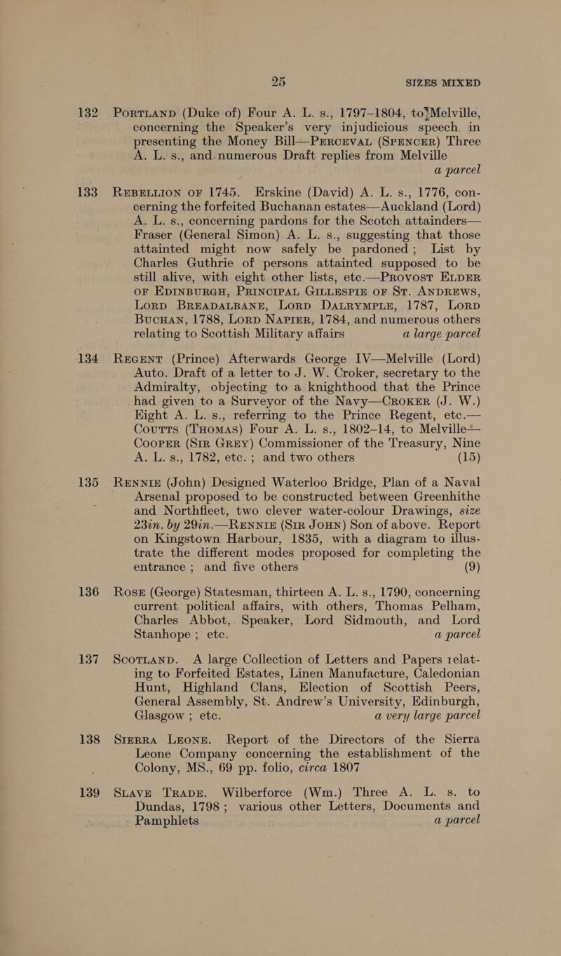 132 133 134. 135 136 137 138 139 25 SIZES MIXED PoRTLAND (Duke of) Four A. L. s., 1797-1804, to{Melville, concerning the Speaker’s very injudicious speech in presenting the Money Bill—PERcEVAL (SPENCER) Three A. L. s., and.numerous Draft replies from Melville a parcel REBELLION OF 1745. Erskine (David) A. L. s., 1776, con- cerning the forfeited Buchanan estates—Auckland (Lord) A. L. s., concerning pardons for the Scotch attainders— Fraser (General Simon) A. L. s., suggesting that those attainted might now safely be pardoned; List by Charles Guthrie of persons attainted supposed to be still alive, with eight other lists, etc —PRrovost ELDER OF EDINBURGH, PRINCIPAL GILLESPIE OF ST. ANDREWS, Lorp BREADALBANE, LoRD DALRYMPLE, 1787, LORD BucHAN, 1788, Lorp Napisr, 1784, and numerous others relating to Scottish Military affairs a large parcel Recent (Prince) Afterwards George [V—Melville (Lord) Auto. Draft of a letter to J. W. Croker, secretary to the Admiralty, objecting to a knighthood that the Prince had given to a Surveyor of the Navy—CroKErR (J. W.) Hight A. L. s., referring to the Prince Regent, etc.— Coutts (THomas) Four A. L. s., 1802-14, to Melville Cooper (St? GREY) Commissioner of the Treasury, Nine A. L. s., 1782, etc. ; and two others (15) RENNIE (John) Designed Waterloo Bridge, Plan of a Naval Arsenal proposed to be constructed between Greenhithe and Northfleet, two clever water-colour Drawings, size 230n. by 291n.— RENNIE (SIR JOHN) Son of above. Report on Kingstown Harbour, 1835, with a diagram to illus- trate the different modes proposed for completing the entrance ; and five others (9) Ross (George) Statesman, thirteen A. L. s., 1790, concerning current political affairs, with others, Thomas Pelham, Charles Abbot,. Speaker, Lord Sidmouth, and Lord Stanhope ; etc. a parcel ScottanD. A large Collection of Letters and Papers telat- ing to Forfeited Estates, Linen Manufacture, Caledonian Hunt, Highland Clans, Election of Scottish Peers, General Assembly, St. Andrew’s University, Edinburgh, Glasgow ; etc. a very large parcel SreRRA Leone. Report of the Directors of the Sierra Leone Company concerning the establishment of the Colony, MS., 69 pp. folio, circa 1807 SLAVE TRADE. Wilberforce (Wm.) Three A. L. s. to Dundas, 1798; various other Letters, Documents and Pamphlets a parcel