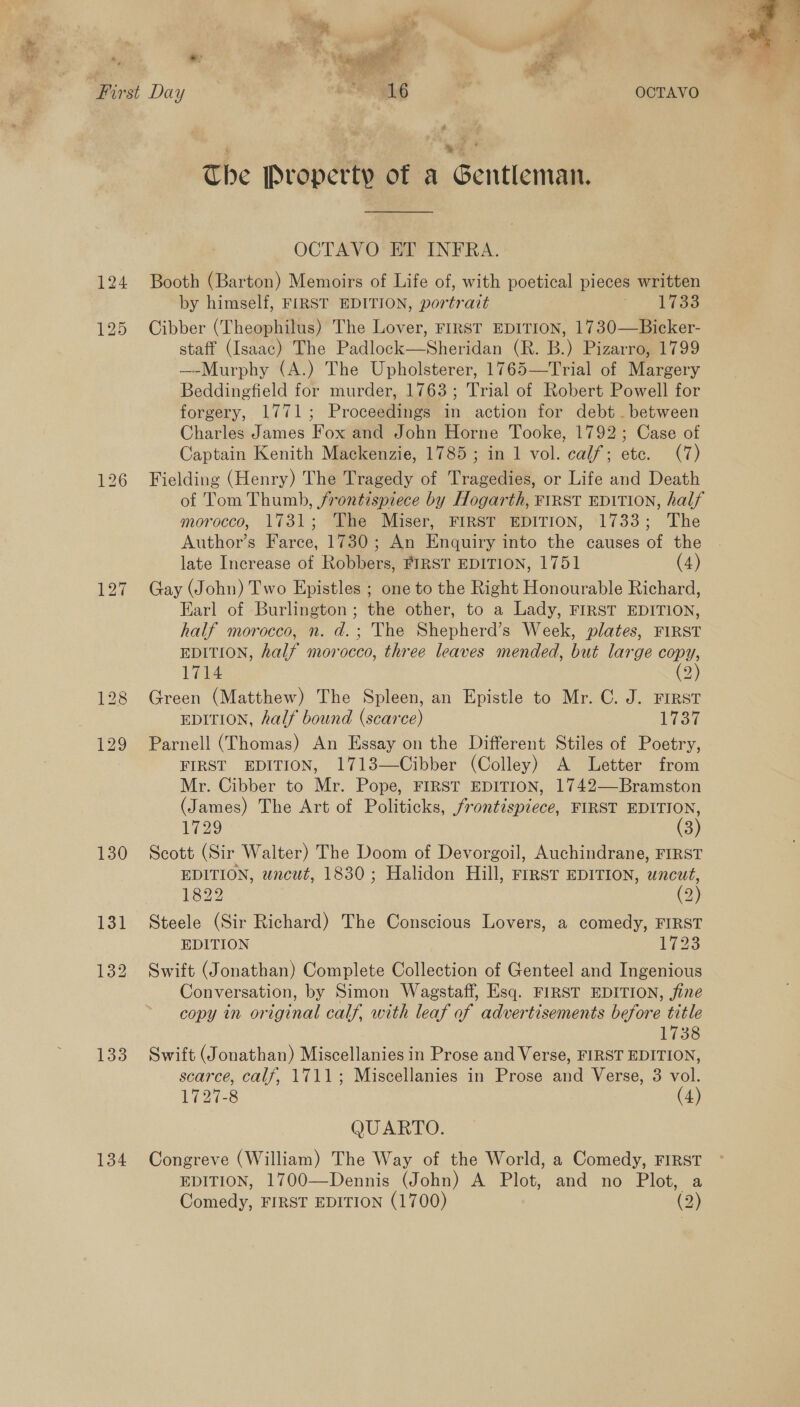 uty 124 125 126 130 133 +;  OCTAVO The Property of a Gentleman. OCTAVO ET INFRA. Booth (Barton) Memoirs of Life of, with poetical pieces written by himself, FIRST EDITION, portrait Se Cibber (Theophilus) The Lover, FIRST EDITION, 1730—Bicker- staff (Isaac) The Padlock—Sheridan (R. B.) Pizarro, 1799 —-Murphy (A.) The Upholsterer, 1765—Trial of Margery Beddingfield for murder, 1763; Trial of Robert Powell for forgery, 1771; Proceedings in action for debt . between Charles James Fox and John Horne Tooke, 1792; Case of Captain Kenith Mackenzie, 1785 ; in 1 vol. calf; etc. (7) Fielding (Henry) The Tragedy of Tragedies, or Life and Death of Tom Thumb, frontispiece by Hogarth, FIRST EDITION, half morocco, 1731; The Miser, FIRST EDITION, 1733; The Author’s Farce, 1730; An Enquiry into the causes of the late Increase of Robbers, FIRST EDITION, 1751 (4) Gay (John) Two Epistles ; one to the Right Honourable Richard, Earl of Burlington; the other, to a Lady, FIRST EDITION, half morocco, n. d.; The Shepherd’s Week, plates, FIRST EDITION, half morocco, three leaves mended, but large copy, 1714 (2) Green (Matthew) The Spleen, an Epistle to Mr. C. J. FIRST EDITION, half bound (scarce) 1737 Parnell (Thomas) An Essay on the Different Stiles of Poetry, FIRST EDITION, 1713—Cibber (Colley) A Letter from Mr. Cibber to Mr. Pope, FIRST EDITION, 1742—Bramston (James) The Art of Politicks, frontispiece, FIRST EDITION, 1729 (3) Scott (Sir Walter) The Doom of Devorgoil, Auchindrane, FIRST EDITION, uncut, 1830; Halidon Hill, Frrsr EDITION, uncut, 1822 (2) Steele (Sir Richard) The Conscious Lovers, a comedy, FIRST EDITION tis Swift (Jonathan) Complete Collection of Genteel and Ingenious Conversation, by Simon Wagstaff, Esq. FIRST EDITION, fine copy in original calf, with leaf of advertisements before title 1738 Swift (Jonathan) Miscellanies in Prose and Verse, FIRST EDITION, scarce, calf, 1711; Miscellanies in Prose and Verse, 3 vol. 1727-8 (4) QUARTO. Congreve (William) The Way of the World, a Comedy, FIRST EDITION, 1700—Dennis (John) A Plot, and no Plot, a 