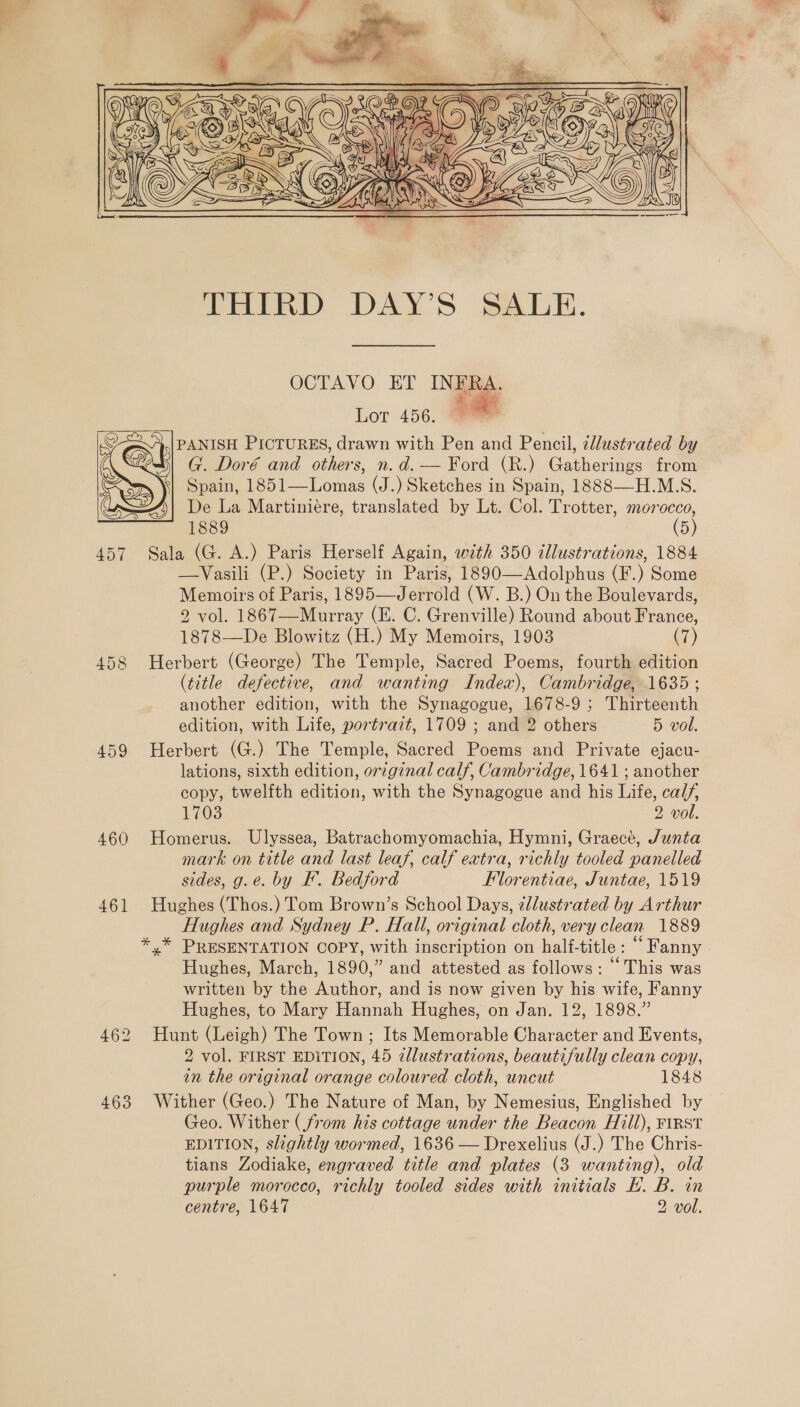  FPRIRD DAY'S SALE. OCTAVO ET INERS. Lot 456. PANISH PICTURES, drawn with Pen and Pencil, zllustrated by G. Doré and others, n.d. — Ford (R.) Gatherings from Spain, 1851—Lomas (J.) Sketches in Spain, 1888—H.M.S. De La Martiniére, translated by Lt. Col. Trotter, morocco, 1889 (5) 457 Sala (G. A.) Paris Herself Again, with 350 cllustrations, 1884 —Vasili (P.) Society in Paris, 1890—Adolphus (F.) Some Memoirs of Paris, 1895—Jerrold (W. B.) On the Boulevards, 2 vol. 1867—Murray (E. C. Grenville) Round about France, 458 Herbert (George) The Temple, Sacred Poems, fourth edition (title defective, and wanting Index), Cambridge, 1635 ; another edition, with the Synagogue, 1678-9; Thirteenth edition, with Life, portrazt, 1709 ; and 2 others 5 vol. 459 Herbert (G.) The Temple, Sacred Poems and Private ejacu- lations, sixth edition, original calf, Cambridge, 1641 ; another copy, twelfth edition, with the Synagogue and his Life, ca//, 1703 2 vol. 460 Homerus. Ulyssea, Batrachomyomachia, Hymni, Graecé, Junta mark on title and last leaf, calf extra, richly tooled panelled sides, g.e. by EF. Bedford Florentiae, Juntae, 1519 461 Hughes (Thos.) Tom Brown’s School Days, ¢llustrated by Arthur Hughes and Sydney P. Hall, original cloth, very clean 1889 *,* PRESENTATION COPY, with inscription on half-title : “ Fanny Hughes, March, 1890,” and attested as follows: “This was written by the Author, and is now given by his wife, Fanny Hughes, to Mary Hannah Hughes, on Jan. 12, 1898.” 462 Hunt (Leigh) The Town; Its Memorable Character and Events, 2 vol. FIRST EDITION, 45 ¢llustrations, beautifully clean copy, in the original orange coloured cloth, uncut 1848 463 Wither (Geo.) The Nature of Man, by Nemesius, Englished by Geo. Wither (from his cottage under the Beacon Hill), First EDITION, slightly wormed, 1636 — Drexelius (J.) The Chris- tians Zodiake, engraved title and plates (3 wanting), old purple morocco, richly tooled sides with initials EL. B. in centre, 1647 2 vol. 
