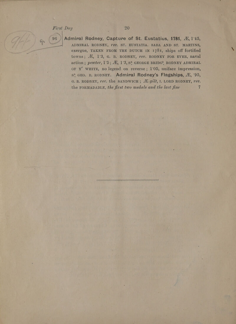 a f ADMIRAL RODNEY, 7@v. ST. EUSTATIA. SABA AND ST. MARTINS, exergue, TAKEN FROM THE DUTCH IN 1781, ships off fortified towns; Atl, 1°3, G. B. RODNEY, 7ev. RODNEY FOR EVER, naval action ; pewter, 1°5; AX, 1°3,S® GEORGE BRIDGS RODNEY ADMIRAL OF Y° WHITE, no legend on reverse; 1°05, uniface impression, S® GEO. B. RODNEY. Admiral Rodney’s Flagships, 2, ‘95, G. B. RODNEY, rev. the SANDWICH ; AX gilt, 1. LORD RODNEY, rev. the FORMADABLE, the first two medals and the last fine ff  