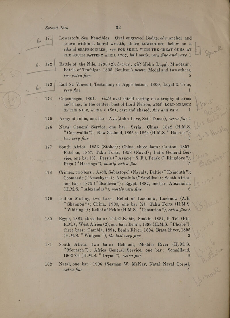 ryt 175 176 177 178 179 180 181 Lowestoft Sea Fencibles. Oval engraved Badge, obv. anchor and crown within a laurel wreath, above LOWESTOFT, below on a | riband SEAFENCIBLES ; 7'@v. FOR SKILL WITH THE GREAT GUNS AT . THE SOUTH BATTERY APRIL 1797, hall mark, very fine and rare 1 Battle of the Nile, 1798 (2), bronze; gilt (John Lugg), Minotaur ; Battle of Trafalgar, 1805, Boulton’s pewter Medal and two others, two extra fine 5 Karl St. Vincent, Testimony of Approbation, 1800, Loyal &amp; True, very jine 1 Copenhagen, 1801. Gold oval shield resting on a trophy of arms and flags, in the centre, bust of Lord Nelson, ADM’ LORD NELSON OF THE NILE, APRIL 2 1801, cast and chased, fine and rare 1 Army of India, one bar: Ava (John Love, Sail’ Tamar), eatra fine 1 Naval General Service, one bar: Syria; China, 1842 (H.M.S. Cornwallis”) ; New Zealand, 1863 to 1864 (H.M.S. “ Harrier”), two very fine 3 South Africa, 1853 (Stoker); China, three bars: Canton, 1857, Fatshan, 1857, Taku Forts, 1858 (Naval) ; India General Ser- vice, one bar (3): Persia (“‘ Assaye”’ S, F.), Perak (““ Ringdove ”), Pegu (“‘ Hastings”), mostly extra fine 5 Crimea, two bars: Azoff, Sebastopol (Naval) ; Baltic (“ Exmouth”); Coomassie (“Amethyst”); Abyssinia (“Satellite”) ; South Africa, one bar: 1879 (“ Boadicea”); Egypt, 1882, one bar: Alexandria (H.M.S. “ Alexandra”), mostly very fine | 6 Indian Mutiny, two bars: Relief of Lucknow, Lucknow (A.B. ‘Shannon ”); China, 1900, one bar (2): Taku Forts (H.M.S. “ Whiting”) ; Relief of Pekin (H.M.S. “Centurion ”), evtva fine 3 Egypt, 1882, three bars: Tel-El-Kebir, Suakin, 1884, El] Teb (Pte. R.M.); West Africa (2), one bar: Benin, 1898 (H.M.S. “Phcebe”); three bars: Gambia, 1894, Benin River, 1894, Brass River, 1895 (H.M.S. “ Widgeon”), the last very fine’ 3 South Africa, two bars: Belmont, Modder River (H. M.S. ‘““Monarch”); Africa General Service, one bar: Somaliland, Natal, one bar: 1906 (Seaman W. McKay, Natal Naval Corps), extra fine 1 