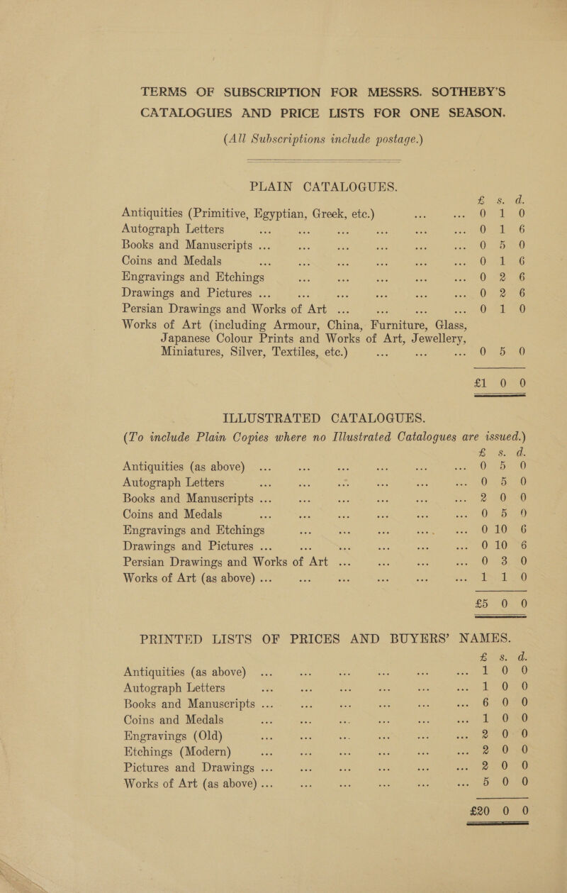 TERMS OF SUBSCRIPTION FOR MESSRS. SOTHEBY’S CATALOGUES AND PRICE LISTS FOR ONE SEASON, (All Subscriptions include postage.)   PLAIN CATALOGUES. Bo Sot. Antiquities (Primitive, Egyptian, Greek, etc.) Ee ae Autograph Letters oe ae Ue Cae Books and Manuscripts ... 0 0 Coins and Medals O51 Engravings and Etchings 0.2 6 Drawings and Pictures ... O52 8 Persian Drawings and Works of Ane oe 2b Works of Art (including Armour, China,- Furniture Glass Japanese Colour Prints and Works of AT jewellery, Miniatures, Silver, Textiles, etc.) es 0 5.) £1 - SOO ILLUSTRATED CATALOGUES. (To include Plain Copies where no Illustrated Catalogues are issued.) See fe 2 Antiquities (as above) OF 0 Autograph Letters 0 6 0 Books and Manuscripts ... 2 OG Coins and Medals 0. ub 40 Engravings and Etchings G10 G Drawings and Pictures ... 0 10° Persian Drawings and Works of te 0: &lt;3; 20 Works of Art (as above) .. | ere | Gf On. 9 PRINTED LISTS OF PRICES AND BUYERS’ NAMES. Antiquities (as above) Autograph Letters Books and Manuscripts ... Coins and Medals Engravings (Old) Etchings (Modern) Pictures and Drawings ... Works of Art (as above) ... er Wane arwreE th Sarees ea (SS Sooo CoCo Co oF £20 2-0. 0%