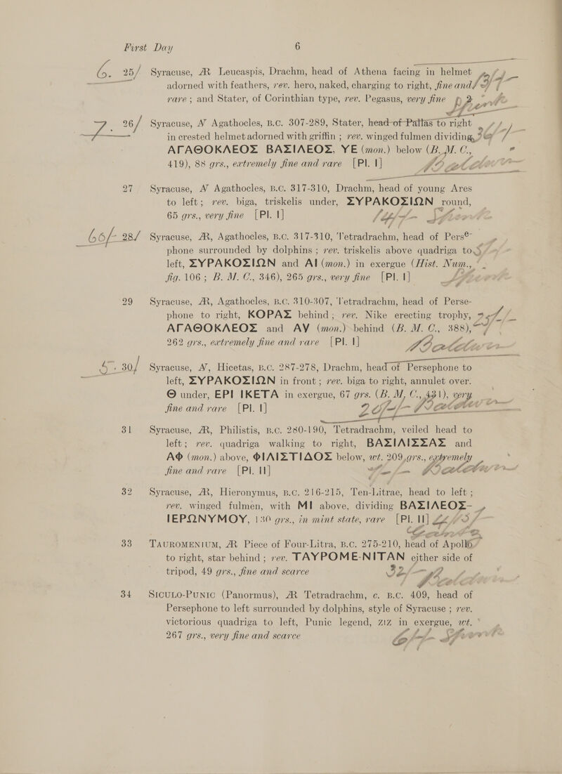 _———  | A. a 25/ Syracuse, AX Leucaspis, Drachm, head of Athena facing in helmet fe a 5 : : | PF A 7 adorned with feathers, rev. hero, naked, charging to right, fineand/ © { rare; and Stater, of Corinthian type, rev. Pegasus, very fine phew yw pe . 26/ Syracuse, A’ Agathocles, B.c. 307-289, Stater, head-of Pallas to right | pp on in crested helmet adorned with griffin ; vev. winged fulmen dividing, 3¢ “Ly  ATA@OKAEOE BAZIAEOS, YE (mon.) below EMC, | Ff 419), 88 grs., extremely fine and rare [PI. 1] pe C. e i hee? “ 27 Syracuse, AN’ Agathocles, B.c. 317-310, Drachm, head of young Ares to left; #ev. biga, triskelis under, 2 OOS ound, 65 grs., very fine [PI. 1] / (Gy eee ee wes 66/- 28/ Syracuse, MR, Agathocles, B.c. 317-310, I sealed head of afhee a phone surrounded by dolphins ; rev. triskelis above quadriga to.5 left, EYPAKOZIQN and Al (mon.) in ee (Hist. Num., fig. 106; B. MI. C., 346), 265 ors., very fine [PI. | LS Fl 29 Syracuse, A, Agathocles, B.c. 310-307, ‘letradrachm, head of Perse- phone to right, KOPAZ behind; 7ev. Nike erecting trophy, 2 AFAOOKAEOS® and AY (mon.) behind (B. M. C., 388), ~ 262 grs., extremely fine and rare [PI 1] CA raul felis =—/ &lt;—_Z aici A = y 30/ Syracuse, A’, Hicetas, B.c. 287-278, Drachm, Pe re ak ery re. left, ZLYPAKOZIQN in front; rev. biga to right, annulet over. © under, EP! IKETA in exergue, 67 us es OP 431), yery fine and rare [Pl. 1] 7 Of) 7 J Gt CDE ate ee 31 Syracuse, A, Philistis, p.c. 230-190, Tetradrachm, veiled head to left; rev. quadriga walking to right, BAZIAIZ2A2Z and A® (mon.) above, PIAIZTIAOZ below, we. 209,g7s., egbremel jine and rare (PI. I] yf = =. ee (COE §  32 syracuse, AX, Hieronymus, £.c, 216-215, Ten-Litrae, head to left ; rev. winged fulmen, with MI above, dividing BAZIAEOR- Pn IEPONYMOY, 130 grs., in mint state, rare [PI. Nl ZA Lf? f CE as “ier 5) TA UROMENIUM, ZR Piece of Four-Litta, B.C. 275-210; head of fate y to right, star behind; rev. TAYPOME-NITAN either side of tripod, 49 grs., fine ane scarce Je/- ;  34 SrcuLo-Punic (Panormus), MR Tetradrachm, c¢. B.C. 409, hea ‘of Persephone to left surrounded by dolphins, style of Syracuse ; rev. victorious quadriga to left, Punic legend, z1z mn exergue, we. 267 grs., very fine and scarce oe am am \ (a - ile, pa a 3 Gi ff &amp;