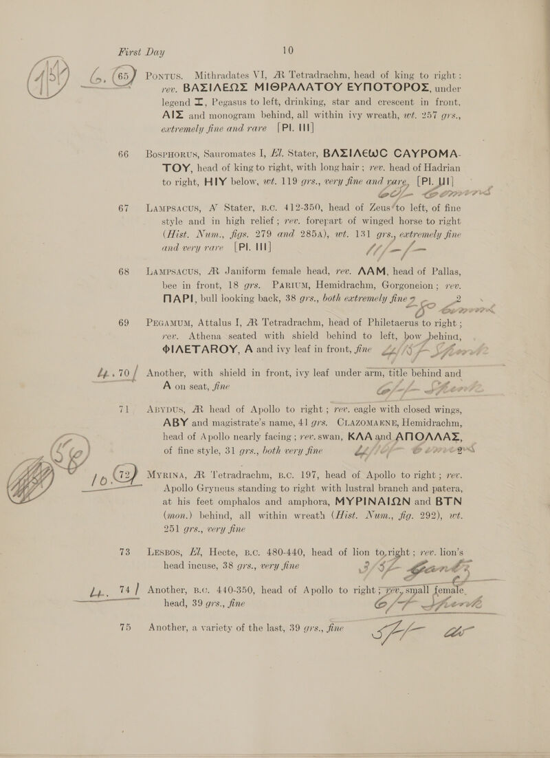   f (65 Pontus. Mithradates VI, A Tetradrachm, head of king to right: eo rev. BAXIAEQZE MIOPAAATOY EYNOTOPOS, under legend Z, Pegasus to left, drinking, star and crescent in front, AIZ and monogram behind, all within ivy wreath, wt. 257 g7s., 66 BospHorus, Sauromates I, AZ. Stater, BAZIAEWC CAYPOMA- TOY, head of king to right, with long hair ; rev. head of Hadrian to right, HIY below, wt. 119 grs., very fine and Pare, [ Pl. Mi) 67 Lampsacus, A Stater, B.c. 412-350, head of Zeus’ to left, of fine style and in high relief; rev. torepart of winged horse to right (Hist. Num., figs. 279 and 285A), wt. 131 grs., extremely fine and very rare (Pl. 1] PF ee om i J 4 ‘ rd ¢ 68 Lampsacus, ® Janiform female head, rev. AAM, head of Pallas, bee in front, 18 grs. Partum, Hemidrachm, Gorgoneion ; rev. NAPI, bull looking back, 38 grs., both extremely Sine Ic va O = £, i BP ORG 69 PrGamum, Attalus I, ® Tetradrachm, head of Philetaerus to right ; rev. Athena seated with shield behind to left, pow, poe PIAETAROY, A and ivy leaf in front, fine or F ‘ fue? FNS - Cs a ww 3 a (4 Ly. » 70 / Another, with shield in front, ivy leaf under arm, “title behind and A on seat, fine Zi J. Chee é@ - # ee Be # * 71. ApBybus, M head of Apollo to right - rev. eagle with closed wings, ABY and magistrate’s name, 4] g's. CLAZOMAENE, Hemidrachm, head of Apollo nearly facing ; 7ev.swan, KAA and Ma WE ff , : i a A ai (7 j of fine style, 31 g7s., both very fine LLfl?; OC LRPVOPS /6 @) MyrRina, A ‘letradrachm, B.c. 197, head of Apollo to right ; rev. be eeennrs 1 Apollo Gryneus standing to right with lustral branch and patera, at his feet omphalos and amphora, MYPINATIQON and BTN (mon.) behind, all within wreath (Hist. Num., fig. 292), wt. 251 grs., very fine 73 Lespos, “/, Hecte, B.c. 480-440, head of lion to Pi rev. lion’s head incuse, 38 grs., very fine wy  ? meal Fe Fs + ap CL ey head, 39 grs., fine &gt; / — —p Pir vde aera amen anna 75 Another, a variety of the last, 39 grs., fine ow 3 wag 
