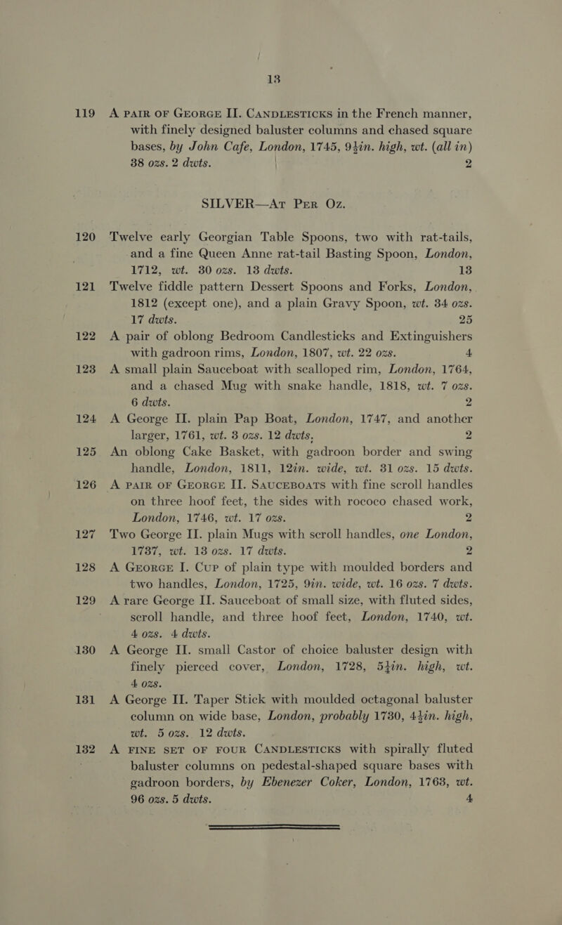 119 120 121 122 123 124 125 126 127 128 130 131 132 13 A PAIR OF GEORGE II. CANDLESTICKS in the French manner, with finely designed baluster columns and chased square bases, by John Cafe, London, 1745, 94in. high, wt. (all in) 38 ozs. 2 dwts. 2 SILVER—AtT Per Oz. Twelve early Georgian Table Spoons, two with rat-tails, and a fine Queen Anne rat-tail Basting Spoon, London, 1712, wt. 30 ozs. 138 dwts. 13 Twelve fiddle pattern Dessert Spoons and Forks, London, 1812 (except one), and a plain Gravy Spoon, wt. 34 ozs. 17 dwts. 25 A pair of oblong Bedroom Candlesticks and Extinguishers with gadroon rims, London, 1807, wt. 22 ozs. 4 A small plain Sauceboat with scalloped rim, London, 1764, and a chased Mug with snake handle, 1818, wt. 7 ozs. 6 duts. 2 A George II. plain Pap Boat, London, 1747, and another larger, 1761, wt. 3 ozs. 12 dats, 2 An oblong Cake Basket, with gadroon border and swing handle, London, 1811, 12in. wide, wt. 31 ozs. 15 dwts. on three hoof feet, the sides with rococo chased work, London, 1746, wt. 17 ozs. - Two George II. plain Mugs with scroll handles, one London, 1737, wt. 13 ozs. 17 duwts. 2 A GeorGE I. Cur of plain type with moulded borders and two handles, London, 1725, 9in. wide, wt. 16 ozs. 7 dwts. A rare George II. Sauceboat of small size, with fluted sides, scroll handle, and three hoof feet, London, 1740, wt. 4 ozs. 4 dwts. A George II. small Castor of choice baluster design with finely pierced cover, London, 1728, 5}in. high, wt. 4 O28. A George II. Taper Stick with moulded octagonal baluster column on wide base, London, probably 1730, 44in. high, wt. 5 ozs. 12 dwts. A FINE SET OF FOUR CANDLESTICKS with spirally fluted baluster columns on pedestal-shaped square bases with gadroon borders, by Ebenezer Coker, London, 1763, wt. 96 ozs. 5 dwts. 4  