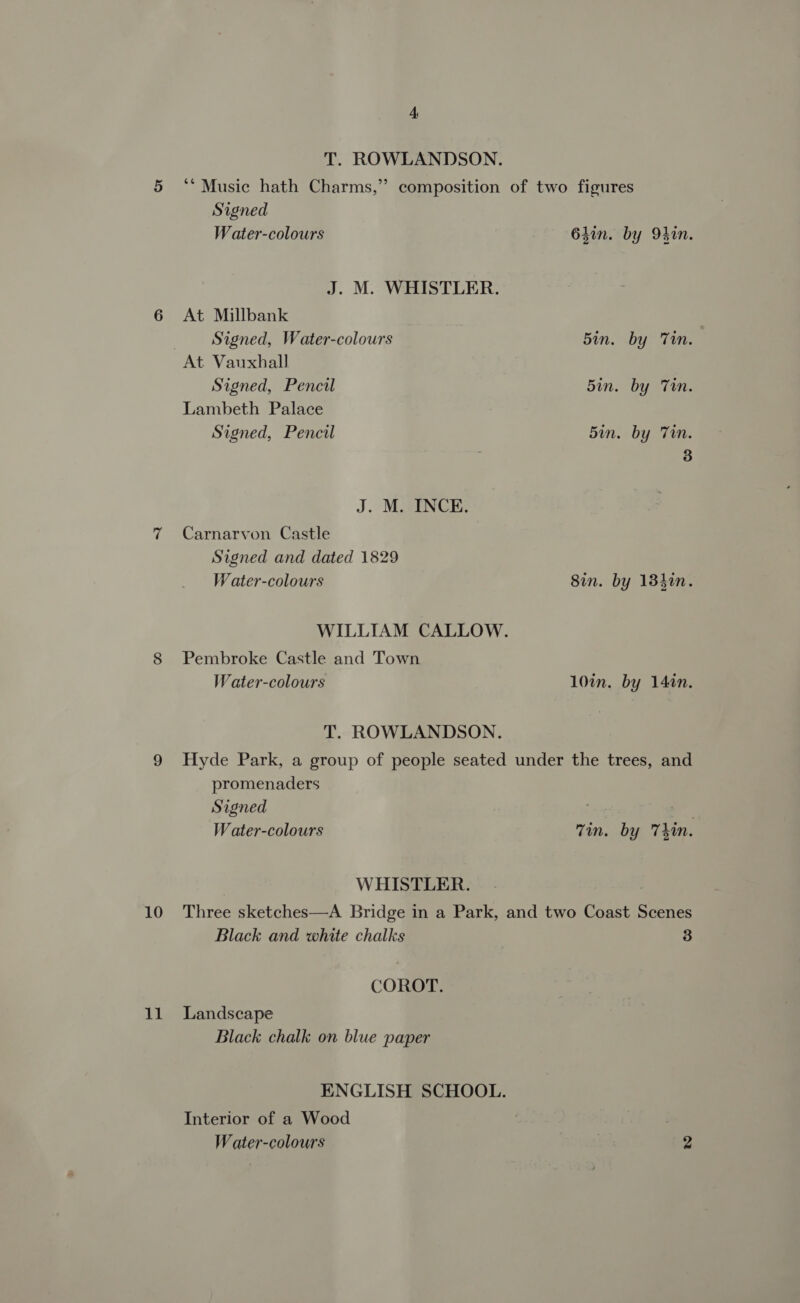 T. ROWLANDSON. 5 ‘** Music hath Charms,” composition of two figures Signed Water-colours 64in. by Odin. J. M. WHISTLER. 6 At Millbank Signed, Water-colours Bin. by Tin. At Vauxhall Signed, Pencil 5in. by Tin. Lambeth Palace Signed, Pencil 5in. by Tin. 3 J. M. INCE. 7 Carnarvon Castle Signed and dated 1829 W ater-colours 8in. by 134in. WILLIAM CALLOW. 8 Pembroke Castle and Town Water-colours 10in. by 147n. T. ROWLANDSON. 9 Hyde Park, a group of people seated under the trees, and promenaders Signed re Water-colours Tin. by Thin. WHISTLER. 3 10 Three sketches—A Bridge in a Park, and two Coast Scenes Black and white chalks 3 COROT. 11 Landscape Black chalk on blue paper ENGLISH SCHOOL. Interior of a Wood . Water-colours 2