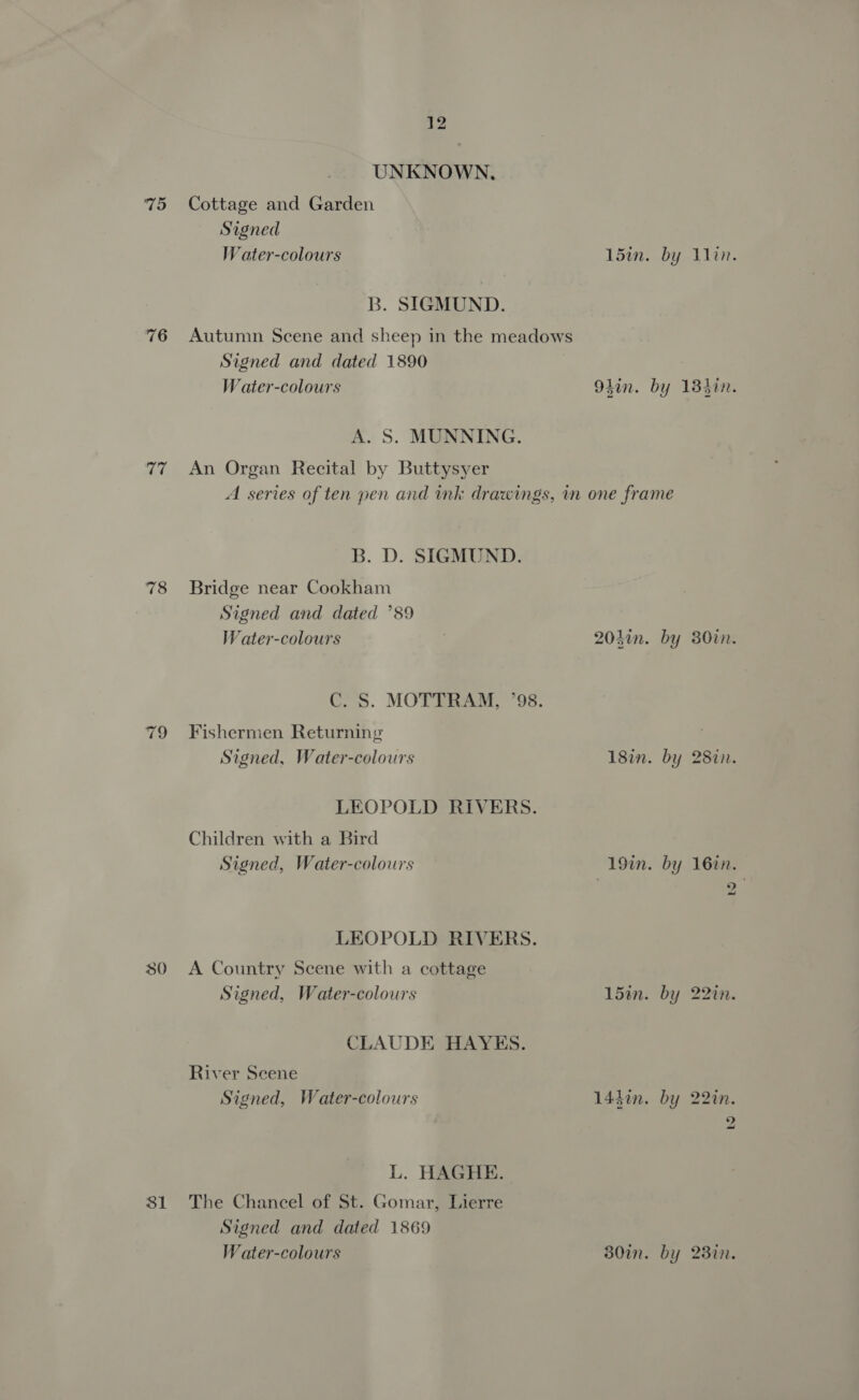 UNKNOWN. 75 Cottage and Garden Signed W ater-colours 15in. by lin. B. SIGMUND. 76 Autumn Scene and sheep in the meadows Signed and dated 1890 Water-colours 94in. by 134i. A. S. MUNNING. 77 An Organ Recital by Buttysyer A series of ten pen and ink drawings, mm one frame B. D. SIGMUND. 78 Bridge near Cookham Signed and dated ’89 Water-colours . 204in. by 30in. C. S. MOTTRAM, ’98. 79 Fishermen Returning Signed, Water-colours 18in. by 28in. LEOPOLD RIVERS. Children with a Bird Signed, Water-colours 19in. by 16in. LEOPOLD RIVERS. 30 A Country Scene with a cottage Signed, Water-colours 15in. by 22in. CLAUDE HAYES. River Scene Signed, Water-colours 14don. by 22%n. L. HAGHE. 81 The Chancel of St. Gomar, Lierre Signed and dated 1869 W ater-colours 30in. by 23%n.