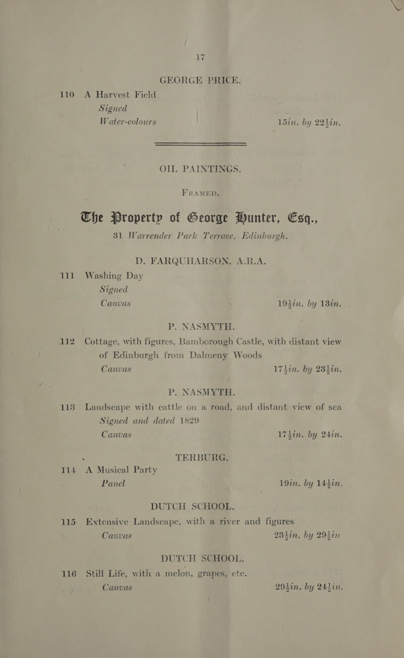GEORGE PRICE. ill 112 115 1i4 116 Signed W ater-colours OIL PAINTINGS. FRAMED. 15in. by 22hin. D. FARQUHARSON, A.R.A. Washing Day Signed Canvas P. NASMYTH. 194in. by 13%. of Edinburgh from Dalmeny Woods Canvas P. NASMYTH. 17din. by 2340n. Signed and dated 1829 Canvas TERBURG. A Musical Party Panel DUTCH SCHOOL. 17din. by 24in. 19in. by 144in. Canvas DUTCH SCHOOL. Still Life, with a melon, grapes, ete. Canvas 231in. by 294in 294in. by 2447n.