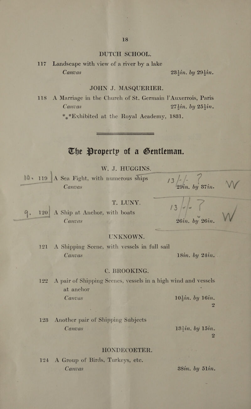DUTCH SCHOOL. 117 Landscape with view of a river by a lake Canvas 23hin. by 294in-. JOHN J. MASQUERIER. 118 A Marriage in the Church of St. Germain l Auxerrois, Paris Canvas 2740n. by 254in. **Exhibited at the Royal Academy, 1831. CGhe Property of a Gentleman. W. J. HUGGINS. 4 iy “~“) +A ' : . BES 18s 119 (A Sea Fight, with numerous ships ht fe , a Canvas 29%n. by 371n- VV « ene T. LUNY. = q. 120| A Ship at Anchor, with boats am VW/ Canvas 26in. by 26in. UNKNOWN. 121 A Shipping Scene. with vessels in full sail Canvas 18in. by 24in. . C. BROOKING. 122 <A pair of Shipping Scenes, vessels in a high wind and vessels at anchor Canvas 10h0n. by 16%. 2 128 Another pair of Shipping Subjects Canvas 184%in. by 15in. 2 HONDECOETER. 124 <A Group of Birds, Turkeys, ete. Canvas 38in. by 5lin.