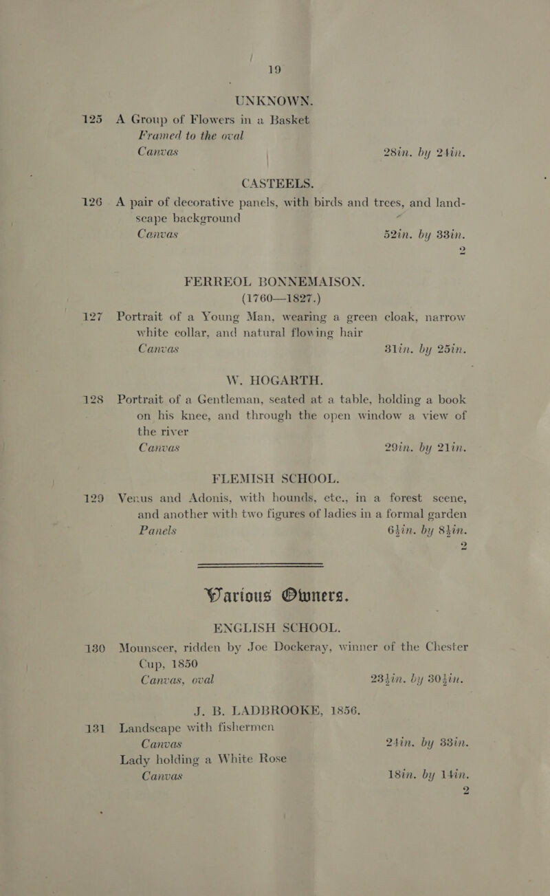 ke UNKNOWN. 125 A Group of Flowers in a Basket Framed to the oval Canvas | 28in. by 2Atir. CASTEELS. 126 A pair of decorative panels, with birds and trees, and land- seape background . Canvas 52in. by 338i. » FERREOL BONNEMAISON. (1760—1827.) 127 ~=Portrait of a Young Man, wearing a green cloak, narrow white collar, and natural flowing hair Canvas Blin. by 25in. W. HOGARTH. 128 Portrait of a Gentleman, seated at a table, holding a book on his knee, and through the open window a view of the river Canvas 29in. by 217. FLEMISH SCHOOL. 129 Venus and Adonis, with hounds, ete., m a forest scene, and another with two figures of ladies in a formal garden Panels 63in. by 8hin. °  WParious Otoners. ENGLISH SCHOOL. 130 Mounseer, ridden by Joe Dockeray, winner of the Chester Cup, 1850 Canvas, oval 23hin. by 804i. J. B. LADBROOKE, 1856. 131 Landseape with fishermen Canvas ; 24in. by 33in. Lady holding a White Rose Canvas 18in. by 14in. 2