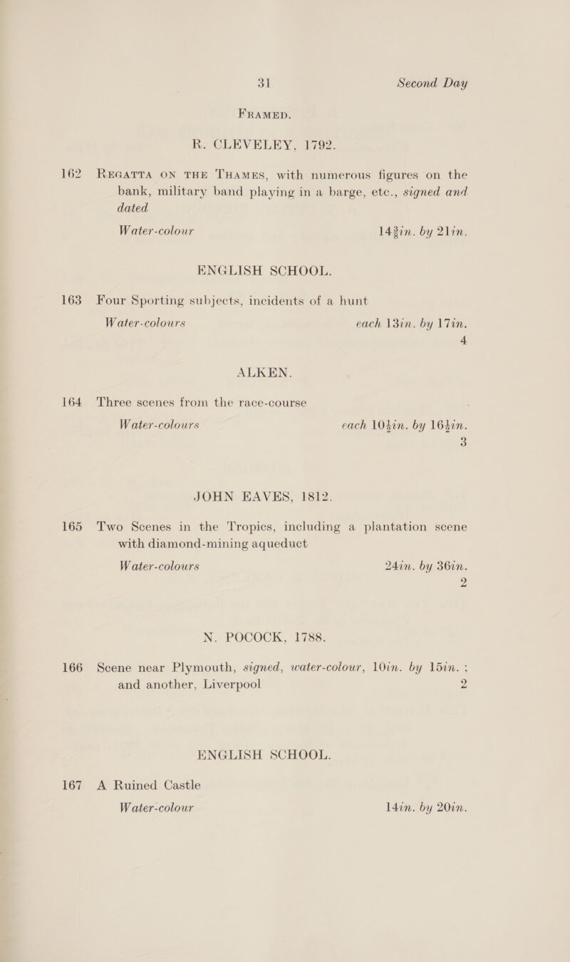 oil Second Day FRAMED. R. CLEVELEY, 1792. 162. ReGatTa ON THE THAMES, with numerous figures on the bank, military band playing in a barge, etc., signed and dated Water-colour 143in. by 21in. ENGLISH SCHOOL. 163 Four Sporting subjects, incidents of a hunt Water-colours each 13in. by Vin. 4 ALKEN. 164 Three scenes from the race-course W ater-colours each lOsin. by 16den. 3 JOHN EAVES, 1812. 165 Two Scenes in the Tropics, including a plantation scene with diamond-mining aqueduct W ater-colours 24on. by 36in. 2 N. POCOCK, 1788: 166 Scene near Plymouth, signed, water-colour, 10in. by 15in. ; and another, Liverpool 2 ENGLISH SCHOOL. 167 A Ruined Castle