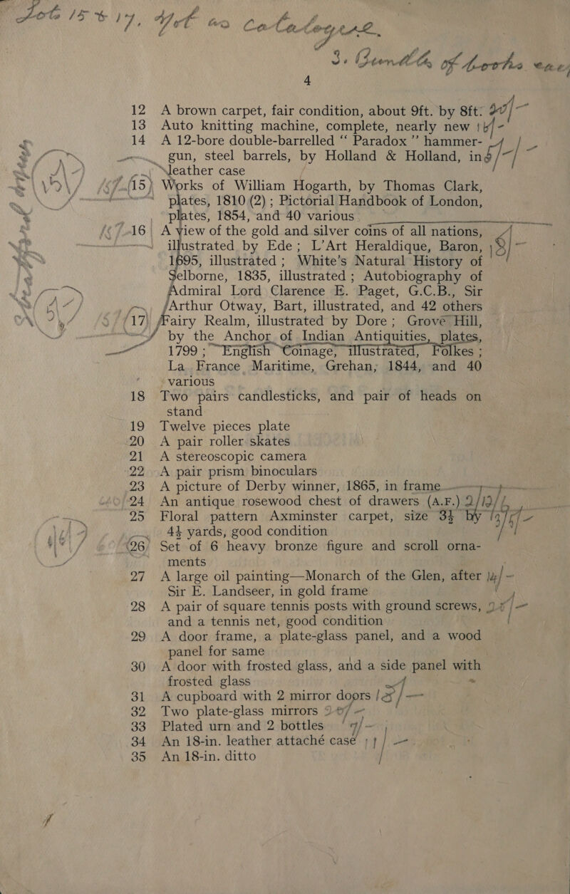 “ on oer li ot On Cte Cates LA piss Gemdl of torh ae: 4 A brown carpet, fair condition, about 9ft. by 8ft: a0] — Auto knitting machine, complete, nearly new {b/}- A 12-bore double-barreled “ Paradox ” hammer- ey gun, steel barrels, by Holland &amp; Holland, ing, ye / “leather case plates, 1810 (2) ; Pictorial Handbook of London, plates, 1854, and 40 various | A yiew ‘of the gold and silver coins of all nations, Ee by Ede; L’Art Heraldique, Baron, ) « 1 mcerpenenrrecetniatenane rane — a nor tere 95, illustrated ; White’s Natural History of | Iborne, 1835, illustrated : Autobiography of Admiral Lord Clarence E. Paget, G.C.B., Sir /Arthur Otway, Bart, illustrated, and 42 others /Fairy Realm, illustrated by Dore : Grove Hill, La a Maritime, Grehan,; 1844, and 40 various Two pairs candlesticks, and pair of heads on stand Twelve pieces plate A pair roller skates A stereoscopic camera A pair prism binoculars A picture of Derby winner, 1865, in frame An antique rosewood chest of drawers (A.F.) 2 loft Floral pattern Axminster carpet, ue a (9 4 ae 43 yards, good condition Set of 6 heavy bronze figure and scroll orna- ments A large oil painting—Monarch of the Glen, after uj - Sir E. Landseer, in gold frame | A pair of square tennis posts with ground screws, 9 ¢ /— and a tennis net, good condition A door frame, a plate-glass panel, and a wood panel for same A door with frosted glass, and a ‘gt panel with frosted glass ~ A cupboard with 2 mirror a IS 5] — Two plate-glass mirrors 9 0/ ~ Plated urn and 2 Hotiles.: 4 q)- An 18-in. leather attaché case ; / | — An 18-in. ditto
