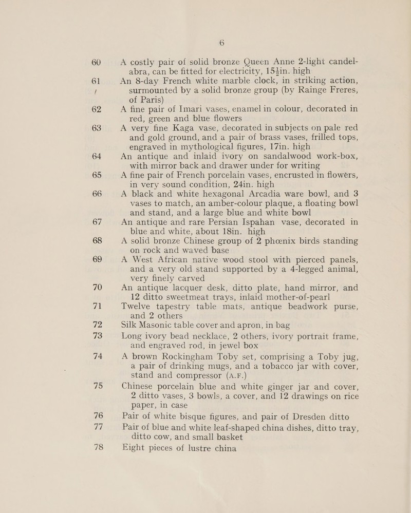 A costly pair of solid bronze Queen Anne 2-light candel- abra, can be fitted for electricity, 154in. high An 8-day French white marble clock, in striking action, surmounted by a solid bronze group (by Rainge Freres, of Paris) A fine pair of Imari vases, enamel in colour, decorated in red, green and blue flowers A very fine Kaga vase, decorated in subjects on pale red and gold ground, and a pair of brass vases, frilled tops, engraved in mythological figures, 17in. high An antique and inlaid ivory on sandalwood work-box, with mirror back and drawer under for writing A fine pair of French porcelain vases, encrusted in flowers, in very sound condition, 24in. high A black and white hexagonal Arcadia ware bowl, and 3 vases to match, an amber-colour plaque, a floating bowl and stand, and a large blue and white bowl An antique and rare Persian Ispahan vase, decorated in blue and white, about 18in. high A solid bronze Chinese group of 2 phoenix birds standing on rock and waved base A West African native wood stool with pierced panels, and a very old stand supported by a 4-legged animal, very finely carved An antique lacquer desk, ditto plate, hand mirror, and 12 ditto sweetmeat trays, inlaid mother-of-pearl Twelve tapestry table mats, antique beadwork purse, and 2 others Silk Masonic table cover and apron, in bag Long ivory bead necklace, 2 others, ivory portrait frame, and engraved rod, in jewel box A brown Rockingham Toby set, comprising a Toby jug, a pair of drinking mugs, and a tobacco jar with cover, stand and compressor (A.F.) Chinese porcelain blue and white ginger jar and cover, 2 ditto vases, 3 bowls, a cover, and 12 drawings on rice paper, in case Pair of white bisque figures, and pair of Dresden ditto Pair of blue and white leaf-shaped china dishes, ditto tray, ditto cow, and small basket Eight pieces of lustre china