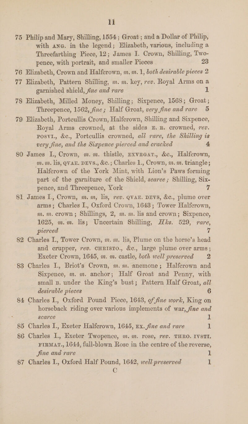 75 Philip and Mary, Shilling, 1554; Groat; and a Dollar of Philip, with ang. in the legend; Elizabeth, various, including a Threefarthing Piece, 12; James I. Crown, Shilling, Two- pence, with portrait, and smaller Pieces 23 76 Elizabeth, Crown and Halfcrown, m.m. 1, both desirable pieces 2 77 Elizabeth, Pattern Shilling, m. m. key, rev. Royal Arms on a garnished shield, fine and rare t 78 Elizabeth, Milled Money, Shilling; Sixpence, 1568; Groat; Threepence, 1562, fine; Half Groat, very fine and rare 5 79 Elizabeth, Portcullis Crown, Halfcrown, Shilling and Sixpence, Royal Arms crowned, at the sides E.R. crowned, rev. Posvi., &amp;c., Portcullis crowned, ail rare, the Shilling is very fine, and the Sixpence pierced and cracked 4: 80 James I., Crown, m. m. thistle, pxvreaat., &amp;c., Halfcrown, m. m. liS, QVAE. DEVS., &amp;c.; Charles 1., Crown, m. m. triangle; ‘Halfcrown of the York Mint, with Lion’s Paws forming part of the garniture of the Shield, scarce; Shilling, Six- pence, and Threepence, York 7 81 James I., Crown, m. m, lis, rev. QVAE. DEVS, &amp;c., plume over arms; Charles I., Oxford Crown, 1643; Tower Halfcrown, m. m. crown; Shillings, 2, m. m. lis and crown; Sixpence, 1625, m.m. lis; Uncertain Shilling, Hhs. 529, rare, pierced 7 82 Charles I., Tower Crown, m. m. lis, Plume on the horse’s head and crupper, rev. CHRISTO., &amp;c., large plume over arms; Exeter Crown, 1645, m. m. castle, both well preserved 2 83 Charles I., Briot’s Crown, m.m. anemone; Halfcrown and Sixpence, m. m. anchor; Half Groat and Penny, with small B. under the King’s bust; Pattern Half Groat, all desirable preces 6 84 Charles I., Oxford Pound Piece, 1643, of: fine work, King on horseback riding over various implements of war, fine and scarce Z 85 Charles I., Exeter Halfcrown, 1645, Ex. fine and rare iE 86 Charles 1., Exeter Twopence, m. m. rose, rev. THRO. IVSTI. FIRMAT., 1644, full-blown Rose in the centre of the reverse, Sine and rare 1 87 Charles I., Oxford Half Pound, 1642, well preserved 1 C