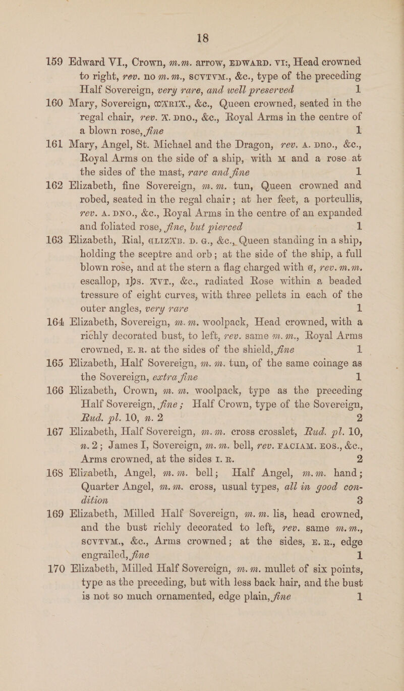 159 Edward VI., Crown, m.m. arrow, EDWARD. VI:, Head crowned to right, rev. no m.m., SOVIVM., &amp;c., type of the preceding Half Sovereign, very rare, and well preserved 1 160 Mary, Sovereign, maRIz., &amp;c., Queen crowned, seated in the regal chair, rev. X.pno., &amp;c., Royal Arms in the centre of a blown rose, fine s 161 Mary, Angel, St. Michael and the Dragon, rev. a. pno., &amp;c., Royal Arms on the side of a ship, with m and a rose at the sides of the mast, rare and fine 1 162 Elizabeth, fine Sovereign, m.m. tun, Queen crowned and robed, seated in the regal chair; at her feet, a portcullis, rev. A. DNO., &amp;c., Royal Arms in the centre of an expanded. and foliated rose, fine, but pierced : 1 163 Elizabeth, Rial, quizas. pv. a., &amp;c., Queen standing in a ship, holding the sceptre and orb; at the side of the ship, a full blown rose, and at the stern a flag charged with a, rev. m.m. escallop, Ips. Avt., &amp;c., radiated Rose within a beaded tressure of eight curves, with three pellets in each of the outer angles, very rare 1 164 Elizabeth, Sovereign, m.m. woolpack, Head crowned, with a richly decorated bust, to left, rev. same m.m., Royal Arms crowned, E.R. at the sides of the shield, fine rn 165 Elizabeth, Half Sovereign, m. m. tun, of the same coinage as the Sovereign, extra jine 1 166 Elizabeth, Crown, m. m. woolpack, type as the preceding Half Sovereign, jine; Half Crown, type of the Sovereign, Rud. pl. 10, n. 2 2 167 Elizabeth, Half Sovereign, m.m. cross crosslet, Rud. pl. 10, m.2; James I, Sovereign, m. m. bell, rev. FACIAM. EOS., &amp;., Arms crowned, at the sides I. R. 2 168 Elizabeth, Angel, m.m. bell; Half Angel, m.m. hand; Quarter Angel, m.m. cross, usual types, all in good con- dition 3 169 Elizabeth, Milled Half Sovereign, m. m. lis, head crowned, and the bust richly decorated to left, rev. same m.m., sovrvm., &amp;c., Arms crowned; at the sides, u.R., edge enerailed, fine ; 1 170 Elizabeth, Milled Half Sovereign, m.m. mullet of six points, type as the preceding, but with less back hair, and the bust is not so much ornamented, edge plain, fine 1