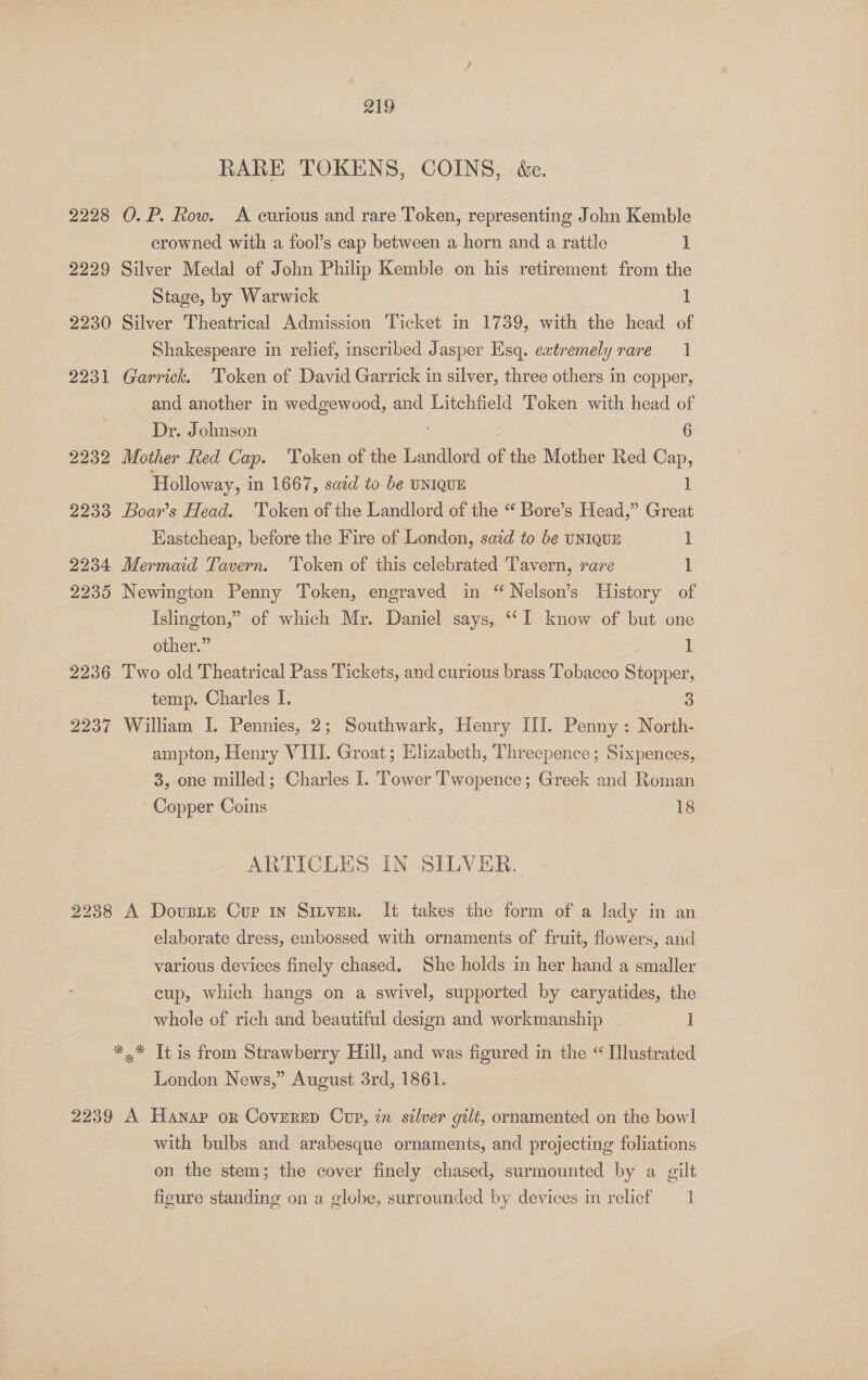 RARE TOKENS, COINS, &amp;c. 2228 O.P. Row. &lt;A curious and rare Token, representing John Kemble crowned with a fool’s cap between a horn and a rattle 1 2229 Silver Medal of John Philip Kemble on his retirement from the Stage, by Warwick 1 2230 Silver Theatrical Admission Ticket in 1739, with the head of Shakespeare in relief, inscribed Jasper Esq. extremely rare 1 2231 Garrick. Token of David Garrick in silver, three others in copper, and another in wedgewood, and Litchfield Token with head of Dr. Johnson ; 6 2232 Mother Red Cap. Token of the Landlord of the Mother Red Cap, Holloway, in 1667, said to be UNIQUE 1 2233 Boar’s Head. Token of the Landlord of the “ Bore’s Head,” Great Eastcheap, before the Fire of London, sazd to be UNIQUE 1 2234 Mermaid Tavern. Token of this celebrated Tavern, rare 1 2235 Newington Penny Token, engraved in “Nelson’s History of Islington,” of which Mr. Daniel says, ‘I know of but one other.” 1 2236 Two old Theatrical Pass Tickets, and curious brass ‘Tobacco Stopper, temp. Charles I. 3 2237 William I. Pennies, 2; Southwark, Henry III. Penny: North- ampton, Henry VIII. Groat; Elizabeth, Threepence; Sixpences, 3, one milled; Charles I. Tower Twopence; Greek and Roman Copper Coins | 18 ARTICLES IN SILVER. 2238 A Dovusie Cup in Sitver. It takes the form of a lady in an elaborate dress, embossed with ornaments of fruit, flowers, and various devices finely chased, She holds in her hand a smaller cup, which hangs on a swivel, supported by caryatides, the whole of rich and beautiful design and workmanship 1 *.* It is from Strawberry Hill, and was figured in the “ Illustrated London News,” August 3rd, 1861. 2239 A Hanap or Coverep Cop, in silver gilt, ornamented on the bowl with bulbs and arabesque ornaments, and projecting foliations on the stem; the cover finely chased, surmounted by a gilt figure standing on a globe, surrounded by devices in relief 1