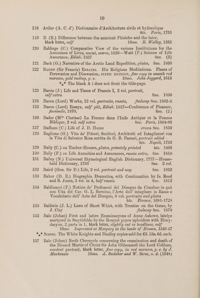 118 119 10 Aviler (A. C. d’) Dictionnaire d’Architecture civile et hydraulique 4to. Paris, 1755 B. (R.) Difference betwene the auncient Phisicke and the later, black letter, calf 16mo. R. Walley, 1585 Babbage (C.) Comparative View of the various Institutions for the Assurance of Lives, uncut, scarce, 1826— Watt (P.) Science of Life Assurance, Hdinb. 1837 8vo. (2) Back (G.) Narrative of the Arctic Land Expedition, plates, S8vo. 1886 Bacon (Sir Francis) Essatus. His Religious Meditations. Places of Perswasion and Disswasion, SIXTH EDITION, fine copy in smooth red morocco, gold tooling, q. e. 16mo. John Jaggard, 1613 *,*® The blank A i does not front the title-page. Bacon (J.) Life and Times of Francis I, 2 vol. portrait, calf extra | 8vo. 1830 Bacon (Lord) Works, 12 vol. portraits, russia, _foolscap 8vo. 1802-83 Bacon (Lord) Essays, calf gilt, Edinb. 1817—Conference of Pleasure, Facsimile, 1870, 8vo. (2) Bader (M* Clarisse) La Femme dans l’Inde Antique et la Femme Biblique, 2 vol. calf extra 8vo. Paris, 1864-66 Badham (C.) Life of J. D. Hume crown 8vo. 1859 Baglione (G.) Vite de’ Pittori, Scultori, Architetti ed Intagliatori con Ja Vita di Salvator Rosa scritta da G. B. Passari, portrait added 4to. Napoli, 1733 Baily (C.) on Timber-Houses, plates, privately printed Ato. 1869 Baily (F.) on Life Annuities and Assurances, russia extra, 8vo. 1810 hold Dictionary, 1736 Svo. 2 vol. Baker (D. EH.) Biographia Dramatica, with Continuation by Is. Reed and 8. Jones, 3 vol. in 4, half russia 8vo. 1812 Baldinucci (I'.) Notizie de’ Professori del Disegno da Cimabue in qua con Vita del Cav. G. L. Bernino, Arte dell’ intagliare in Rame e Voeabolario dell’ Arte del Disegno, 8 vol. portraits and plates 4to. Firenze, 1681-1728 Baldwin (J. L.) Laws of Short Whist, with Treatise on the Game, by J. Clay fooiscap 8vo. 1870 Bale (Johan) First and lattre Examinacyons of Anne Askewe, latelye martyred in Smythfelde by the Romyst popes upholders with Hlucy- dacyon, 2 parts in 1, black letter, sleghtly cut in headlines, calf l6mo. Imprented at Marpurg in the lande of Hessen, 1546-47 137 Bale (Johan) Brefe Chronycle concerning the examination and death of the Blessed Martir of Christ Sir John Oldecastell the Lord Cobham, woodcut portrait, black letter, fine copy, im red morocco, g. e. by J. Mackenzie 16mo. A. Scoloker and W. Seres, 2. d. (1548)