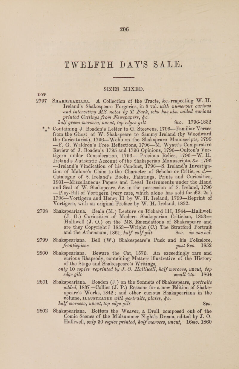 LOT TWELFTH DAY’S SALE. SIZES MIXED. Treland’s Shakespeare Forgeries, in 8 vol. with numerous curious and interesting MS. notes by T. Park, who has also added various printed Cuttings from Newspapers, &amp;c. half green morocco, uncut, top edges gilt 8vo. 1796-1832 2798 2799 2800 2801 2802 from the Ghost of W. Shakspeare to Sammy Ireland (by Woodward the Caricaturist), 1796—Webb on the Shakspeare Manuscripts, 1796 —F.G. Waldron’s Free Reflections, 1796—M. Wyatt’s Comparative Review of J. Boaden’s 1795 and 1796 Opinions, 1796—Oulton’s Vor- tigern under Consideration, 1796— Precious Relics, 1796—W. H. Ireland’s Authentic Account of the Shaksperian Manuscripts, &amp;. 1796 —Ireland’s Vindication of his Conduct, 1796-—S. Ireland’s Investiga- tion of Malone’s Claim to the Character of Scholar or Critic, n. d.— Catalogue of 8. Ireland’s Books, Paintings, Prints and Curiosities, 1801—Miscellaneous Papers and Legal Instruments under the Hand and Seal of W. Shakspeare, &amp;c. in the possession of S. Ireland, 1796 —Play-Bill of Vortigern (very rare, which alone has sold for £2. 2s.) 1796—Vortigern and Henry II by W. H. Ireland, 1799—Reprint of Vortigern, with an original Preface by W. H. Ireland, 1882. Shakspeariana. Beale (M.) Lecture on Richard III, 1844—Halliwell (J. O.) Curiosities of Modern Shaksperian Criticism, 1853— Halliwell (J. O.) on the MS. Emendations of Shakespeare and are they Copyright? 1853—Wright (C.) The Stratford Portrait and the Atheneum, 1861, half calf gilt Svo. in one vol. Shakspeariana. Bell (W.) Shakespeare’s Puck and his Folkslore, Srontispiece post 8vo. 1852 Shakspeariana. Beware the Cat, 1570. An exceedingly rare and curious Rhapsody, containing Matters illustrative of the History of the Stage and Shakespeare’s Writings, only 10 copies reprinted by J. O. Halliwell, half morocco, uncut, top edge gilt small 4to. 1864 Shakspeariana. Boaden (J.) on the Sonnets of Shakespeare, portraits _ added, 1837 —Collier (J. P.) Reasons for a new Edition of Shake- speare’s Works, 1842; and other curious Shakspeariana in the volume, ILLUSTRATED with portraits, plates, fc. half morocco, uncut, top edge gilt 8vo. Shakspeariana. Bottom the Weaver, a Droll composed out of the Comic Scenes of the Midsummer Night’s Dream, edited by J. O. Halliwell, only 30 copies printed, half morocco, uncut, 16mo. 1860