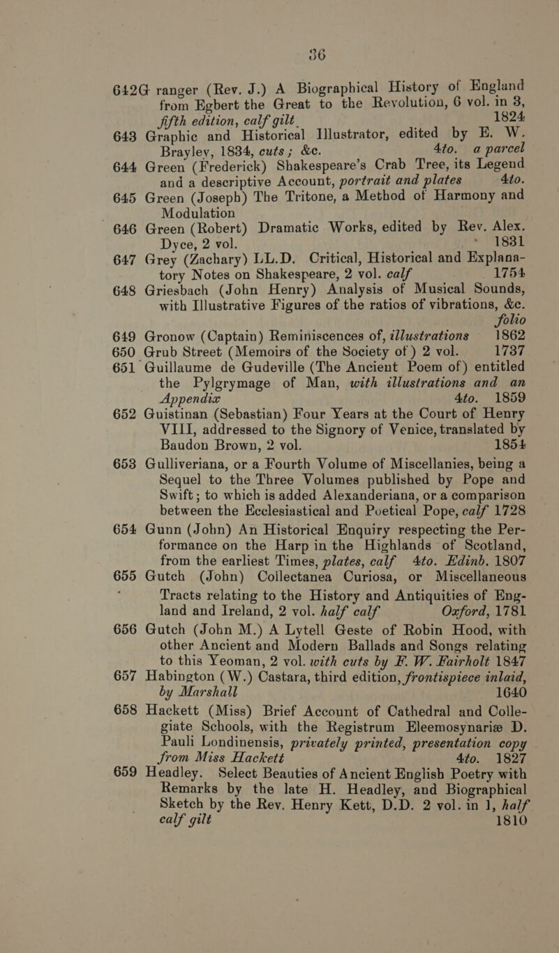 06 643 644 645 646 647 648 649 650 651 652 654 655 656 657 658 659 from Egbert the Great to the Revolution, 6 vol. in 3, Jifth edition, calf gilt. 1824 Graphic and Historical Illustrator, edited by E. W. Brayley, 1834, cuts; &amp;c. 4to. a parcel Green (Frederick) Shakespeare’s Crab Tree, its Legend and a descriptive Account, portrait and plates 4to. Green (Joseph) The Tritone, a Method of Harmony and Modulation Green (Robert) Dramatic Works, edited by Rev. Alex. Dyce, 2 vol. » 18381 Grey (Zachary) LL.D. Critical, Historical and Explana- tory Notes on Shakespeare, 2 vol. calf 1754 Griesbach (John Henry) Analysis of Musical Sounds, with Illustrative Figures of the ratios of vibrations, &amp;c. Solio Gronow (Captain) Reminiscences of, zllustrations 1862 Grub Street (Memoirs of the Society of ) 2 vol. 1737 the Pylgrymage of Man, with illustrations and an Appendix 4to. 1859 Guistinan (Sebastian) Four Years at the Court of Henry VIII, addressed to the Signory of Venice, translated by Baudon Brown, 2 vol. 1854 Gulliveriana, or a Fourth Volume of Miscellanies, being a Sequel to the Three Volumes published by Pope and Swift ; to which is added Alexanderiana, or a comparison between the Heclesiastical and Poetical Pope, calf 1728 Gunn (John) An Historical Enquiry respecting the Per- formance on the Harp inthe Highlands of Scotland, from the earliest Times, plates, calf 4to. Edinb. 1807 Gutch (John) Collectanea Curiosa, or Miscellaneous Tracts relating to the History and Antiquities of Eng- land and Ireland, 2 vol. half calf Oxford, 1781 Gutch (John M.) A Lytell Geste of Robin Hood, with other Ancient and Modern Ballads and Songs relating to this Yeoman, 2 vol. with cuts by F. W. Fairholt 1847 Habington (W.) Castara, third edition, frontispiece inlaid, by Marshall 1640 Hackett (Miss) Brief Account of Cathedral and Colle- giate Schools, with the Registrum Eleemosynari# D. Pauli Londinensis, privately printed, presentation copy Srom Miss Hackett 4to. 1827 Headley. Select Beauties of Ancient English Poetry with Remarks by the late H. Headley, and Biographical Sketch by the Rev. Henry Kett, D.D. 2 vol. in 1, half calf gilt 1810