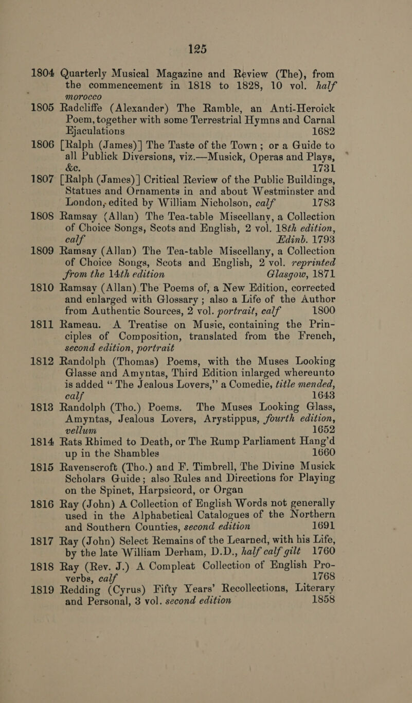 1804 Quarterly Musical Magazine and Review (The), from . the commencement in 1818 to 1828, 10 vol. half morocco 1805 Radcliffe (Alexander) The Ramble, an Anti-Heroick Poem, together with some Terrestrial Hymns and Carnal Ejaculations 1682 1806 [Ralph (James) ] The Taste of the Town; or a Guide to all Publick Diversions, viz.— Musick, Operas and Plays, &amp;e. 1731 1807 [Ralph (James) ] Critical Review of the Public Buildings, Statues and Ornaments in and about Westminster and London, edited by William Nicholson, calf 1783 1808 Ramsay (Allan) The Tea-table Miscellany, a Collection of Choice Songs, Scots and English, 2 vol. 18th edition, calf Edinb. 1793 1809 Ramsay (Allan) The Tea-table Miscellany, a Collection of Choice Songs, Scots and English, 2 vol. reprinted Srom the 14th edition Glasgow, 1871 1810 Ramsay (Allan) The Poems of, a New Edition, corrected and enlarged with Glossary ; also a Life of the Author from Authentic Sources, 2 vol. portrait, calf 1800 1811 Rameau. A Treatise on Musie, containing the Prin- ciples of Composition, translated from the French, second edition, portrait 1812 Randolph (Thomas) Poems, with the Muses Looking Glasse and Amyntas, Third Edition inlarged whereunto is added “ The Jealous Lovers,” a Comedie, title mended, calf 1643 1818 Randolph (Tho.) Poems. The Muses Looking Glass, Amyntas, Jealous Lovers, Arystippus, fourth edition, vellum 1652 1814 Rats Rhimed to Death, or The Rump Parliament Hang’d up in the Shambles 1660 1815 Ravenscroft (Tho.) and F. Timbrell, The Divine Musick Scholars Guide; also Rules and Directions for Playing on the Spinet, Harpsicord, or Organ 1816 Ray (John) A Collection cf English Words not generally used in the Alphabetical Catalogues of the Northern and Southern Counties, second edition 1691 1817 Ray (John) Select Remains of the Learned, with his Life, by the late William Derham, D.D., half calf gilt 1760 1818 Ray (Rev. J.) A Compleat Collection of English Pro- verbs, calf ' _ 1768 1819 Redding (Cyrus) Fifty Years’ Recollections, Literary and Personal, 3 vol. second edition 1858