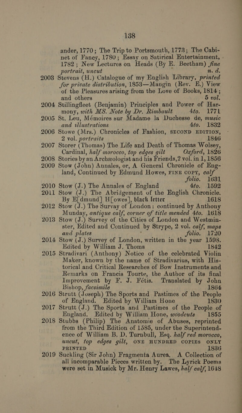 2003 2004 2005 2006 2007 2008 2009 2010 2011 2012 2013 2014 2015 2016 2017 2018 2019 138 ander, 1770; The Trip to Portsmouth, 1773; The Cabi- net of Fancy, 1780; Essay on Satirical Entertainment, 1782 ; New Lectures on Heads (By EH. Beetham) jine portrait, uncut 7 n. d. Stevens (H.) Catalogue of my English Library, printed for private distribution, 1853—Mangin (Rev. E.) View of the Pleasures arising from the Love of Books, 1814 ; and others 5 vol. Stillingfleet (Benjamin) Principles and Power of Har- mony, with MS. Note by Dr. Rimbault 4to. 1771 St. Leu, Mémoires sur Madame Ja Duchesse de, music and wllustrations 4to. 1832 Stowe (Mrs.) Chronicles of Fashion, SECOND EDITION, 2 vol. portraits 1846 Storer (Thomas) The Life and Death of Thomas Wolsey, Cardinal, half morocco, top edges gilt Oxford, 1826 Stories by an Archeologist and his Friends, ?2 vol. in 1, 1856 Stow (John) Annales, or, A General Chronicle of Eng- land, Continued by Edmund Howes, FINE copy, calf folio. 1681 Stow (J.) The Annales of England 4to. 1592 Stow (J.) The Abridgement of the English Chronicle. By E[dmund] H[owes], black letter 1618 Stow (J.) The Survay of London: continued by Anthony Munday, antique calf, corner of title mended 4to. 1618 Stow (J.) Survey of the Cities of London and Westmin- ster, Edited and Continued by Strype, 2 vol. calf, maps and plates folio. 1720 Stow (J.) Survey of London, written in the year 1598. Edited by William J. Thoms 1842 Stradivari (Anthony) Notice of the celebrated Violin Maker, known by the name of Stradivarius, with His- torical and Critical Researches of Bow Instruments and Remarks on Francis Tourte, the Author of its final Improvement by F. J. Fétis. Translated by John Bishop, facsimile 1864 Strutt (Joseph) The Sports and Pastimes of the People of England. Edited by William Hone 1830 Strutt (J.) The Sports and Pastimes of the People of England. Edited by William Hone, woodcuts 1855 Stubbs (Philip) The Anatomie of Abuses, reprinted from the Third Edition of 1585, under the Superintend- ence of William B. D. Turnbuli, Esq. half red morocco, uncut, top edges gilt, ONE HUNDRED COPIES ONLY PRINTED 1836 Suckling (Sir John) Fragmenta Aurea. A Collection of all incomparable Pieces written by. The Lyrick Poems were set in Musick by Mr. Henry Lawes, half calf, 1648