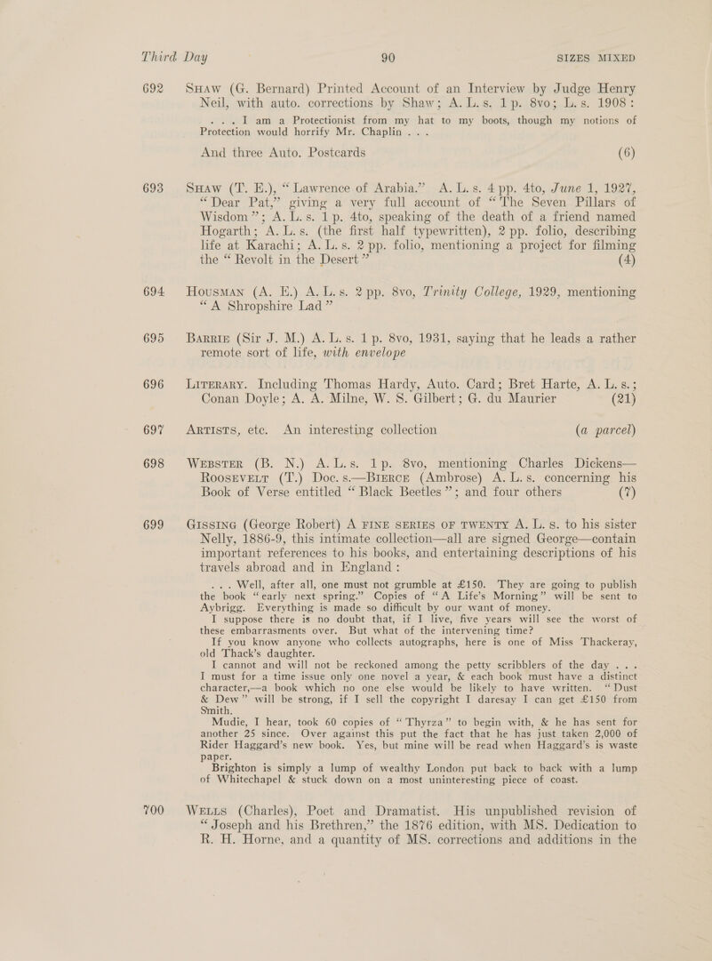 692 693 694 695 696 697 698 699 700 SHAw (G. Bernard) Printed Account of an Interview by Judge Henry Neil, with auto. corrections by Shaw; A. L.s, 1p. 8vo; L.s. 1908: . . | am a Protectionist from my hat to my boots, though my notions of Piatestion would horrify Mr. Chaplin... And three Auto. Postcards (6) N SHaw (T. E.), “ Lawrence of Arabia.” A.L.s. 4 pp. 4to, June 1, 1927, “Dear Pat,” giving’ a very full account.of “The Seven Pillars ef Wisdom”; A. L.s. 1p. 4to, speaking of the death of a friend named Hogarth; A. L.s. (the first half typewritten), 2 pp. folio, describing life at Karachi; A. L.s. 2 pp. folio, mentioning a project for filming the “ hevolt in. the..Desert, ~ (4) Housman (A. E.) A. L.s. 2 pp. 8vo, Trinity College, 1929, mentioning “A Shropshire Lad” Barrie (Sir J. M.) A. L.s. 1p. 8vo, 1931, saying that he leads a rather remote sort of life, with envelope Lirerary. Including Thomas Hardy, Auto. Card; Bret Harte, A. L.s.; Conan Doyle; A. A. Milne, W. 8. Gilbert; G. du Maurier (21) ArTIsTs, etc. An interesting collection (a parcel) WesstEeR (B. N.) A.L.s. 1p. 8vo, mentioning Charles Dickens— Roosevetr (T.) Doc. s—BIERCE (Ambrose) A. L.s. concerning his Book of Verse entitled “ Black Beetles”; and four others (7) Gisstne (George Robert) A FINE SERIES OF TWENTY A. L. 8. to his sister Nelly, 1886-9, this intimate collection—all are signed George—contain important references to his books, and entertaining descriptions of his travels abroad and in England: . Well, after all, one must not grumble at £150. ‘They are going to publish the book “early next spring.’ Copies of “A Life’s Morning” will be sent to Aybrigg. Everything is made so difficult by our want of money. I suppose there is no doubt that, if I live, five years will see the worst of these embarrasments over. But what of the intervening time? If you know anyone who collects autographs, here is one of Miss Thackeray, old Thack’s daughter. I cannot and will not be reckoned among the petty scribblers of the day .. I must for a time issue only one novel a year, &amp; each book must have a distinct character,—a book which no one else would be likely to have written. ‘‘ Dust &amp; Dew” will be strong, if I sell the copyright I daresay I can get £150 from Smith. Mudie, I hear, took 60 copies of “ Thyrza” to begin with, &amp; he has sent for another 25 since. Over against this put the fact that he has just taken 2,000 of Rider Haggard’s new book. Yes, but mine will be read when Haggard’s is waste paper. Brighton is simply a lump of wealthy London put back to back with a lump of Whitechapel &amp; stuck down on a most uninteresting piece of coast. Wetts (Charles), Poet and Dramatist. His unpublished revision of “ Joseph and his Brethren,” the 1876 edition, with MS. Dedication to R. H. Horne, and a quantity of MS. corrections and additions in the