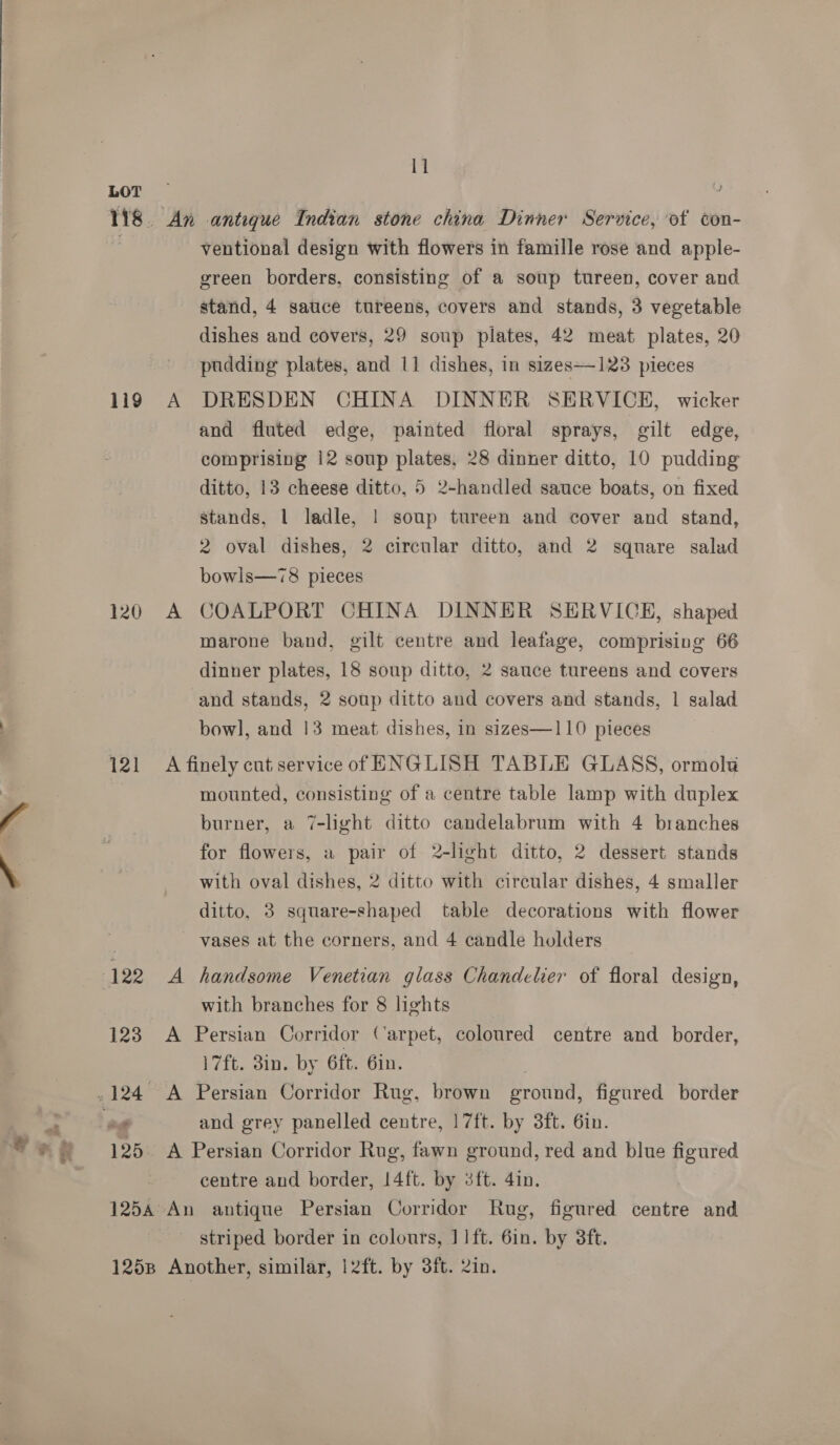 119 120 121 i 11 ventional design with flowers in famille rose and apple- green borders, consisting of a soup tureen, cover and stand, 4 sauce tureens, covers and stands, 3 vegetable dishes and covers, 29 soup plates, 42 meat plates, 20 pudding plates, and 11 dishes, in sizes—123 pieces DRESDEN CHINA DINNER SERVICE, wicker and fluted edge, painted floral sprays, gilt edge, comprising 12 soup plates, 28 dinner ditto, 10 pudding ditto, 13 cheese ditto, 5 2-handled sauce boats, on fixed stands, 1 ladle, | soup tureen and cover and stand, 2 oval dishes, 2 circular ditto, and 2 square salad bowls—78 pieces COALPORT CHINA DINNER SERVICE, shaped marone band, gilt centre and leafage, comprising 66 dinner plates, 18 soup ditto, 2 sauce tureens and covers and stands, 2 soup ditto and covers and stands, 1 salad bowl, and 13 meat dishes, in sizes—110 pieces A mounted, consisting of a centre table lamp with duplex burner, a 7-light ditto candelabrum with 4 branches for flowers, a pair of 2-light ditto, 2 dessert stands with oval dishes, 2 ditto with circular dishes, 4 smaller ditto, 3 square-shaped table decorations with flower vases at the corners, and 4 candle holders handsome Venetian glass Chandelier of floral design, with branches for 8 lights 17ft. Bin. by 6ft. 6in. and grey panelled centre, 17ft. by 3ft. 6in. centre and border, 14ft. by 3ft. 4in. striped border in colours, 1 1ft. 6in. by 3ft.