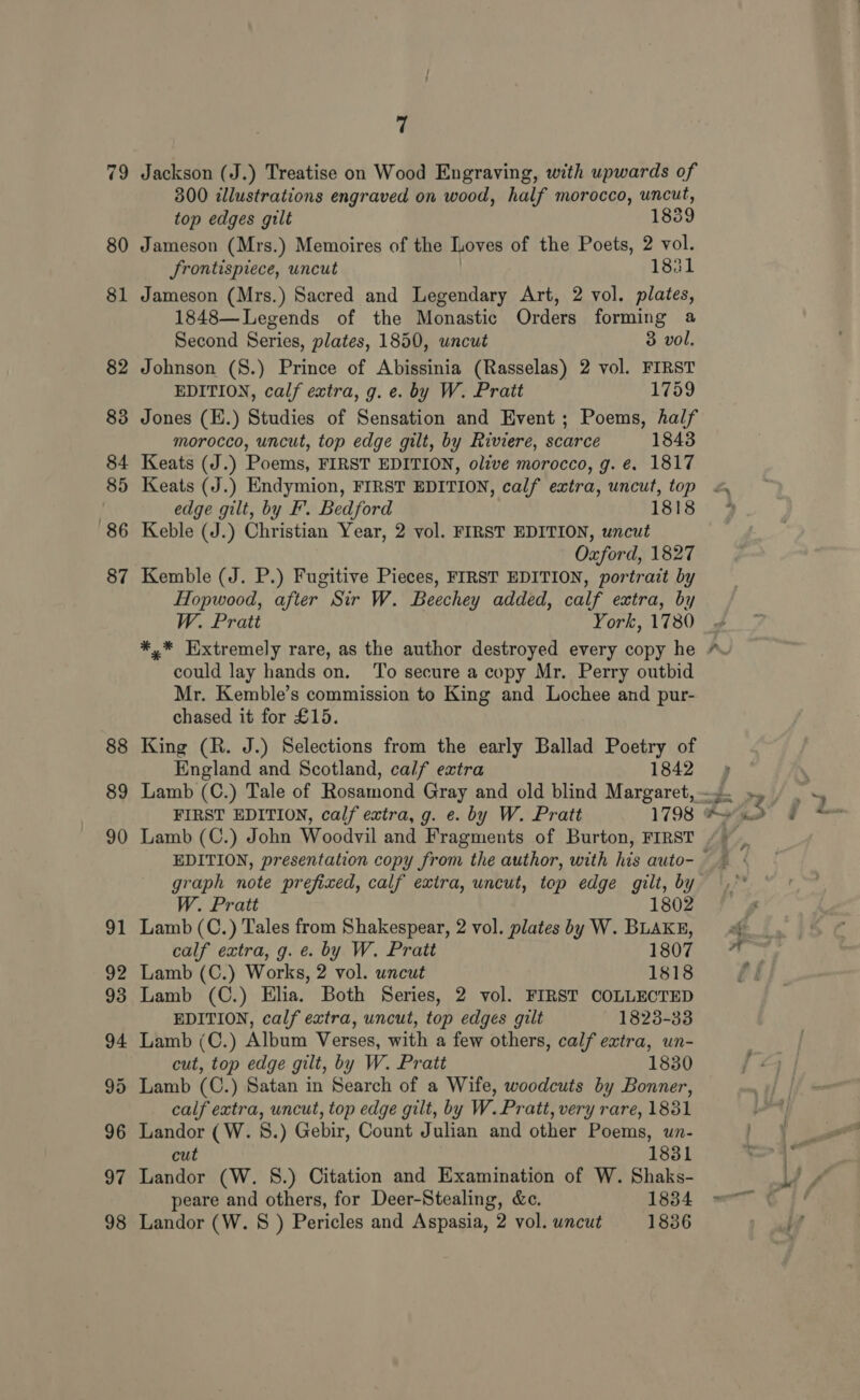 84 85 88 89 90 9 — 93 94 ite) Or 96 97 98 7 Jackson (J.) Treatise on Wood Engraving, with upwards of 300 illustrations engraved on wood, half morocco, uncut, top edges gilt 1839 Jameson (Mrs.) Memoires of the Loves of the Poets, 2 vol. JSrontispiece, uncut 1831 Jameson (Mrs.) Sacred and Legendary Art, 2 vol. plates, 1848—Legends of the Monastic Orders forming a Second Series, plates, 1850, uncut 3 vol. Johnson (8.) Prince of Abissinia (Rasselas) 2 vol. FIRST EDITION, calf extra, g. e. by W. Pratt 1759 Jones (E.) Studies of Sensation and Event ; Poems, half morocco, uncut, top edge gilt, by Riviere, scarce 1843 Keats (J.) Poems, FIRST EDITION, olive morocco, g. €. 1817 edge gilt, by F. Bedford 1818 Keble (J.) Christian Year, 2 vol. FIRST EDITION, uncut Oxford, 1827 Kemble (J. P.) Fugitive Pieces, FIRST EDITION, portrait by Hopwood, after Sir W. Beechey added, calf extra, by W. Pratt York, 1780 *,* Hxtremely rare, as the author destroyed every copy he could lay hands on. ‘To secure a copy Mr. Perry outbid Mr. Kemble’s commission to King and Lochee and pur- chased it for £15. King (R. J.) Selections from the early Ballad Poetry of England and Scotland, calf extra 1842 FIRST EDITION, calf extra, g. e. by W. Pratt 1798 graph note prefixed, calf extra, uncut, top edge gilt, by W. Pratt 1802 Lamb (C.) Tales from Shakespear, 2 vol. plates by W. BLAKE, calf extra, g. e. by W. Pratt 1807 Lamb (C.) Elia. Both Series, 2 vol. FIRST COLLECTED EDITION, calf extra, uncut, top edges gilt 1823-33 Lamb (C.) Album Verses, with a few others, calf extra, un- cut, top edge gilt, by W. Pratt 1830 Lamb (C.) Satan in Search of a Wife, woodcuts by Bonner, calf extra, uncut, top edge gilt, by W. Pratt, very rare, 1831 Landor (W. 8.) Gebir, Count Julian and other Poems, un- cut 1831 Landor (W. S.) Citation and Examination of W. Shaks- peare and others, for Deer-Stealing, &amp;c. 1834 Landor (W. § ) Pericles and Aspasia, 2 vol. uncut 1836 ‘Sw.