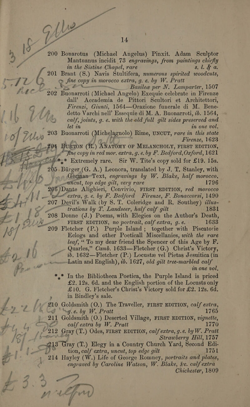 Gh 200 Bonarotus (Michael Angelus) Pinxit. Adam Sculptor Mantuanus incidit 73 engravings, from paintings chiefly in the Sistine Chapel, rare sl. &amp;f a. 201 Brant (8.) Navis Stultifera, nwmerous spirited woodcuts, z fine copy in morocco extra, g. e. by W. Pratt . Basilea per N. Lamparier, 1507 202 alae (Michael Angelo) Exequie celebrate in Firenze dall’ Accademia de Pittori Scultori et Architettori, . Firenzi, Giunti, 1564—Orazione funerale di M. Bene-- detto Varchi nell’ Essequie di M. A. Buonarroti, 7b. 1564, calf, joints, g. ¢. with theold full gilt sides preserved and let in wn one vol. 203 Buonarroti (Michelagnolo) Rime, UNCUT, rare in this state east   Z . w&gt; @, *7 ra é Pits - i eee , i oa iy } a “ we a “A ‘a wf ai HO» (R. ) AWaTOMy OF MELANCHOLY, FIRST EDITION, “Fine copy in red mor, extra, g.e. by F. Bedford, Oxford, 1621 we arg i. * Extremely rare. Sir W. Tite’s copy sold for £19. 15s. 205. Burger (G. A.) Leonora, translated by J. T, Stanley, with ancut, top edge gilt, very rare 1796 29 6} po) Danie Alighieri, Convivio, FIRST EDITION, red morocco extra, g. e. by F. Bedford Firenze, F’. Bonaceorsi, 1490 Me Devil’s Walk ( (by 8S. T. Coleridge and R. Southey) illus- we trations by T. Landseer, half calf gilt 1831 FIRST EDITION, no portrait, calf extra, g. é. 1633 together with Piscatorie Eclogs and other Poeticall Miscellanies, with the rare _~ Quarles,” Camb. 1633—Fletcher (G.) Christ’s Victory, « #b, 1632—Fletcher (P.) Locustz vel Pietas Jesuitica (in _eeoeLatin and English), 7b. 1627, old gilt tree-marbled calf in one vol, *,* In the Bibliotheca Poetica, the Purple Island is priced £2.12s. 6d. and the English portion of the Locusts only £10. G. Fletcher’s Christ’s Victory sold for £2. 12s. 6d. ‘ in Bindley’s sale. 210° Goldsmith (O.) The Traveller, FIRST EDITION, calf extra, &lt;g “wg.e. by W. Pratt 1765 211 Goldsmith (O.) Deserted Village, FIRST EDITION, vignette, 1770 é 212 Gray (T.) Odes, FIRST EDITION, calfextra, g.e. by W. Pratt Strawberry Hill, 1757 (Sym (T.) Elegy in a Country Church Yard, Second Edi- tion, calf extra, uncut, top edge gilt 1751 » 214 Hayley (W.) Life of George Romney, portraits and plates, ; engraved by Caroline Watson, W. Blake, Se. calf extra Chichester, 1809 eet ee — - ao A af PTR: be! fF ? aw “, A f ff ¢ 4 / e fs +