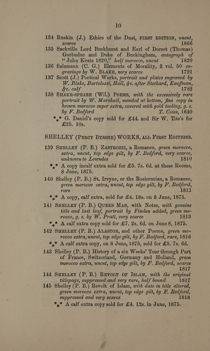 134 Ruskin (J.) Ethics of the Dust, FIRST EDITION, wncut, scarce 1866 185 Sackville Lord Buckhurst and Earl of Dorset (Thomas) Gorbuduc and Duke of Buckingham, autograph of “ John Keats 1820,” half morocco, uncut 1820 136 Salzmann (C. G.) Elements of Morality, 8 vol. 50 en- gravings by W. BLAKE, very scarce 1h fb Be 137 Scott (J.) Poetical Works, portrait and plates engraved by W. Blake, Bartolozzi, Hall, §c. after Stothard, Kaufman, Jc. calf ‘ 1782 188 SHAKE-SPEARE (Wil.) POEMS, with the excessively rare portrait by W. Marshall, mended at bottom, fine copy in brown morocco super extra, covered with gold tooling, g. é. by F. Bedford T. Cotes, 1640 *,* G. Daniel’s copy sold for £44. and Sir W. Tite’s for £25. 10s. SHELLEY (Percy ByssHE) WORKS, Aut First EDITIONS. 139 SHELLEY (P. B.) ZAstTROzZzZI, a Romance, green morocco, extra, uncut, top edge gilt, by EF’. Bedford, very scarce, unknown to Lowndes Seto10 ** A copy incalf extra sold for £5. 7s. 6d. at these Rooms, 8 June, 1875. 140 Shelley (P. B.) St. Irvyne, or the Rosicrucian, a Romance, green morocco extra, uncut, top edge gilt, by F. Bedford, rare 1811 *,* A copy, calf extra, sold for £4. 18s. on 8 June, 1875. 14] SHELLEY (P. B.) QUEEN MAB, with Notes, with genuine title and last leaf, portrait by Finden added, green mo- rocco, g. &amp; by W. Pratt, very scarce 1813 *,* A calf extra copy sold for £7. 2s. 6d. on June 8, 1875. 142 SHELLEY (P. B.) ALASTOR, and other Poems, green mo- rocco extra, uncut, top edge gilt, by F. Bedford, rare, 1816 *,* A calf extra copy, on 8 June, 1875, sold for £5. 7s. 6d. 143 Shelley (P. B.) History of a six Weeks’ Tour through Part of France, Switzerland, Germany and Holland, green morocco extra, uncut, top edge gilt, by F’. Bedford, scarce 1817 144 SHELLEY (P. B.) REVOLT OF ISLAM, with the original titlepage, suppressed and very rare, half bound 1817 145 Shelley (P. B.) Revolt of Islam, with date in title altered, green morocco extra, uncut, top edge gilt, by F. Bedford, suppressed and very scarce 1818 *,* A calf extra copy sold for £4. 12s. in June, 1875.