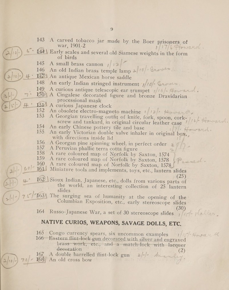 Sy) 143. A carved tobacco jar made by the Boer prisoners of war, 1901-2 eh TT enn : {44 | Early scales and several old Siamese weights in the form of birds Bi 145 A small brass cannon 12 146 An old Indian brass temple lamp &gt;/ '° * 1G@2\ An antique Mexican horse saddle pas 148 An early Indian stringed instrument lof Grew _ 149 A curious antique telescopic ear trumpet #//6/- Genrer - HOAA Cingalese decorated figure and bronze Dravidarian =a processional mask * 1514 A curious Japanese clock at 152 An obsolete electro-magneto machine }//2/* ths. JP 153 A Georgian travelling outfit of knife, fork, spoon, cork-=),, 4). screw and tankard, in original circular leather case Fin fT  ’ 154 An early Chinese pottery tile and base AFT 155 An early Victorian double valve inhaler in original box, . with directions inside lid iv 156 A Georgan pine spinning wheel, in perfect order 137 A Peruvian phallic terra cotta figure 158 A rare coloured map of Norfolk by Saxton, 574) s9 A rare coloured map of Norfolk by Saxton) 1578 3, Sf ~~ 160, A rare coloured map of Norfolk by Saxton, 1578 5 . fo.- &amp;° J6Li Miniature tools and implements, toys, etc., lantern slides _. TEE : if (25) ,* ant 162 \ Sioux Indian, Japanese, etc., dolls from various parts of (| . the world, an interesting collection of 25 lantern pe . slides f jie) 78/0634 The surging sea of humanity at the opening of the (&gt;! —— Columbian Exposition, etc., early stereoscope slides (30) - ae = 164 Russo-Japanese War, a set of 30 stereoscope slides NATIVE CURIOS, WEAPONS, SAVAGE DOLLS, ETC, 165 Congo currency spears, six uncommon examples 166—Frastern flint-lock-gun decorated with silver and engraved brass~work;~ete.,-and—-a“-match=lock-with laequer decoration ie Pane «2) , 16Z A double barrelled flint-lock' gun 2:/-/ | L\ 2a] 168} An old cross bow 