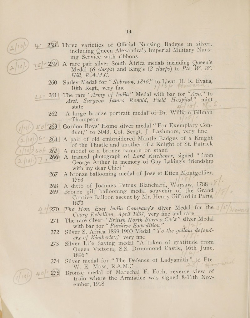 Lp iwi 14 260 262 274 275 including Queen Alexandra’s Imperial Military Nurs- ing Service with ribbons A rare pair silver South Africa medals including Queen's Medal (6 clasps) and King’s (2 clasps) to Pte. W. W. Awl, RAM. Sutley Medal for “ Sobraon, 1846,” to, Lieut. H. R. Evans, 10th Regt., very fine BF ide bila, 3 . Asst. Surgeon James Ronald, Field H ospital,” mint state mnt, é A large bronze portrait medal of Dr, William Gilman Thompson pp eej? e duct,” to 3043, Col. Sergt. J. Lashmore, very fine of the Thistle and another of a Knight of St. Patrick George Arthur in memory of Guy Laking’s friendship with my dear Chief ” A bronze ballooning medal of Jose et Etien Montgolfir, 1783 he Captive Balloon ascent by Mr. Henry Gifford in Paris, 1873 Coorg Rebellion, April 1837, very fine and rare The rare silver “ British North Borneo Co.'s” silver Medal with bar for “ Punitive Expedition” , | Silver S. Africa 1899-1900 Medal “ To the gallant defend- ers of Kimberley,” very fine Silver Life Saving medal “A token of gratitude from Queen Victoria, S.S. Drummond Castle, loth June, 1896 ” Silver medal for “Ihe Defence of Ladysmith” to Pte. WwW. HK, Moss, R.A.M.Ge | Bronze medal of Marechal F. Foch, reverse view of train where the Armistice was signed 8-1lth Nov- ember, 1918